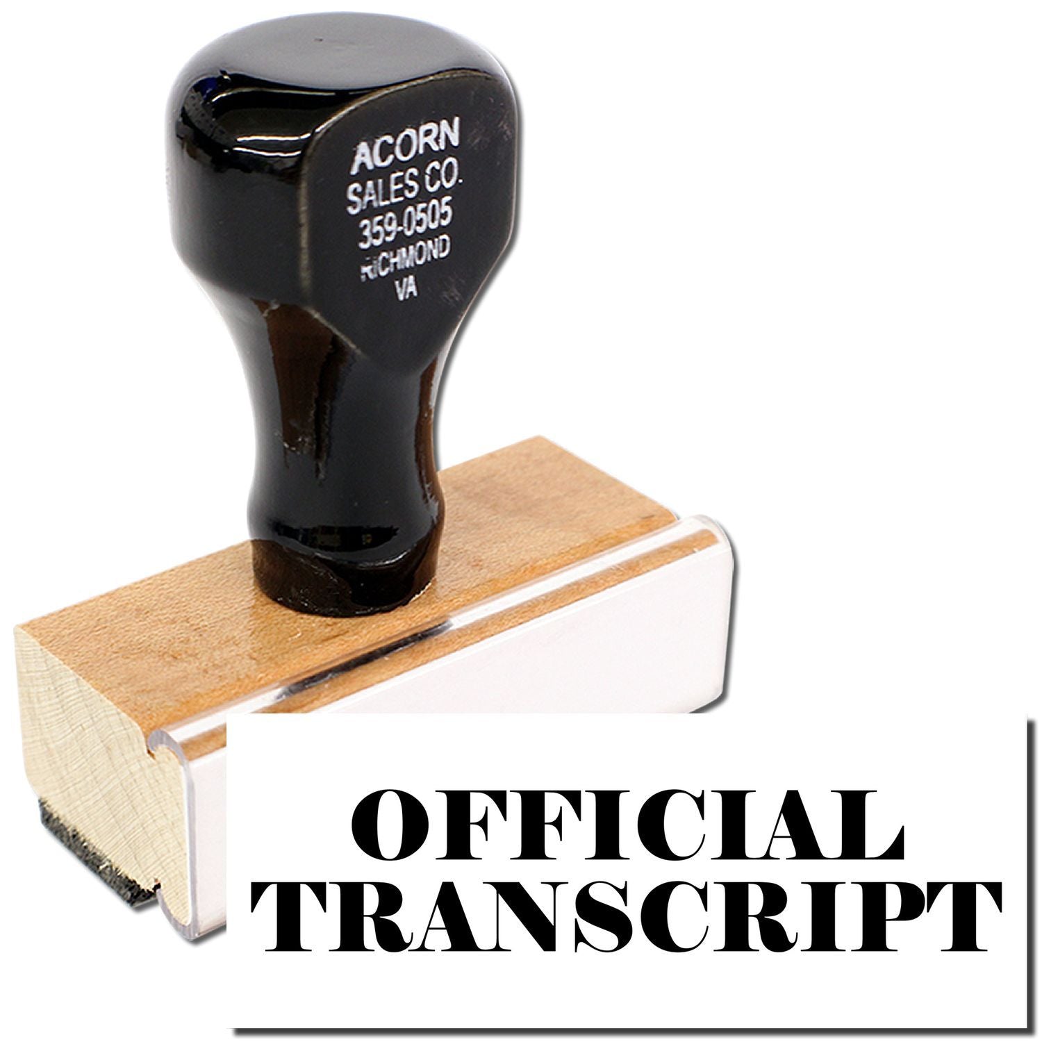 Official Transcript rubber stamp on ink pad with Acorn Sales Co. imprint for education document verification and admissions processing.