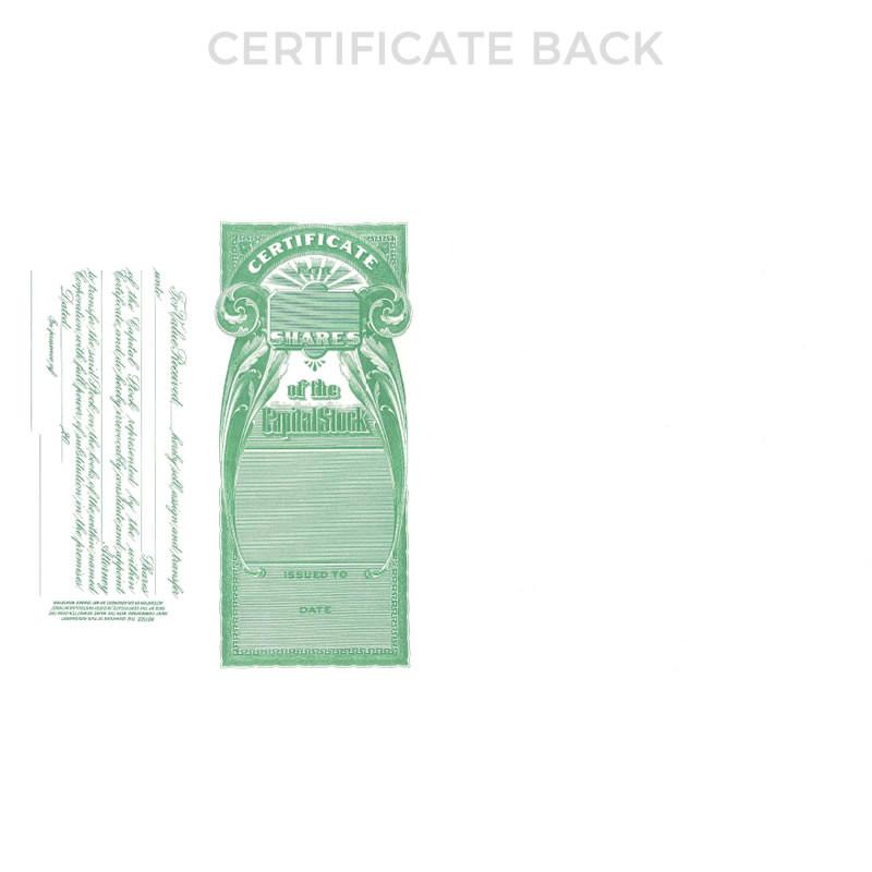 Back of stock certificate showing green shares certificate layout, issued-to name and date for company ownership verification.