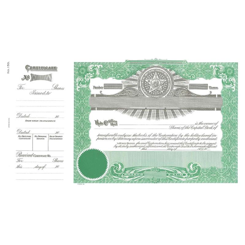 Green stock certificate document with ornate seal and recipient fields, representing company ownership and financial securities certificate.