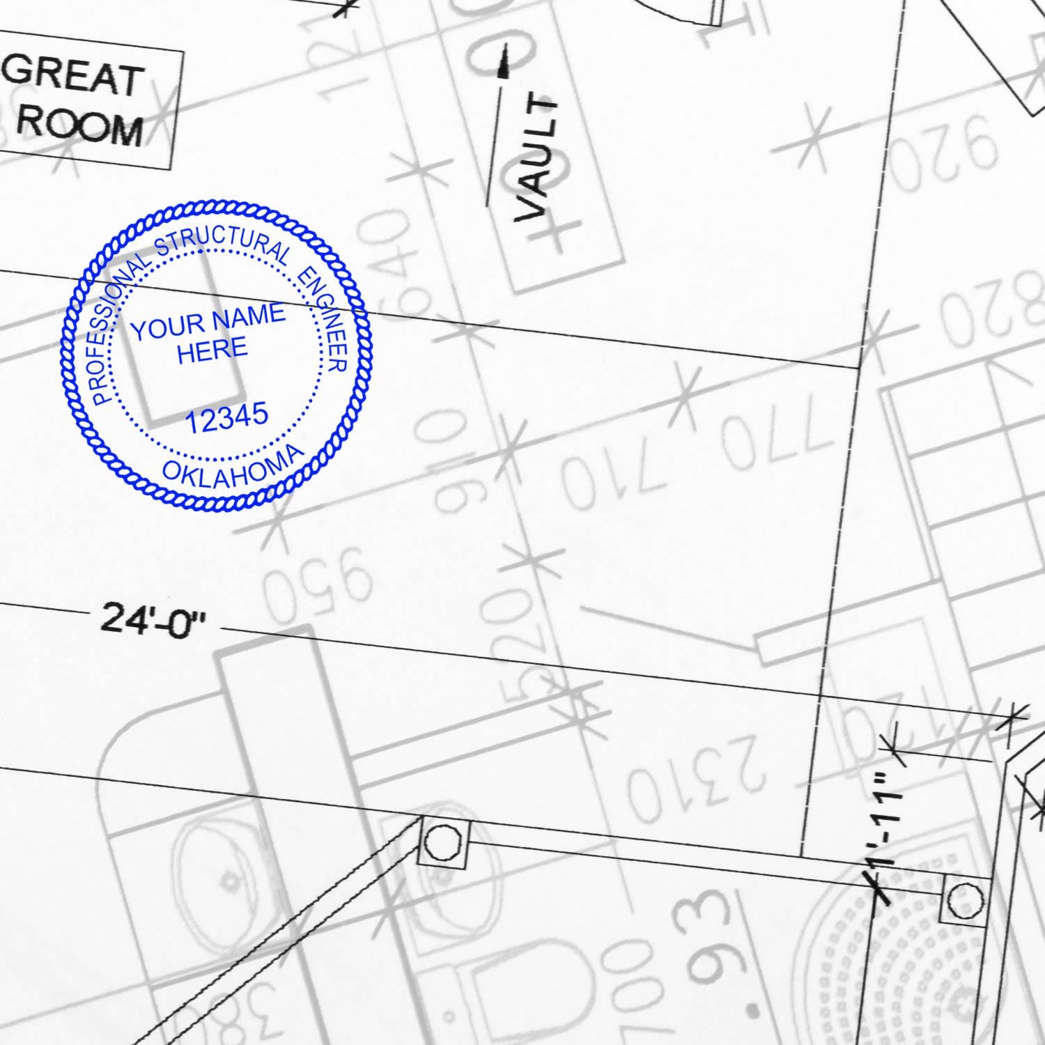 Architectural blueprint with Oklahoma professional structural engineer seal on a house floor plan showing great room and vault layout.