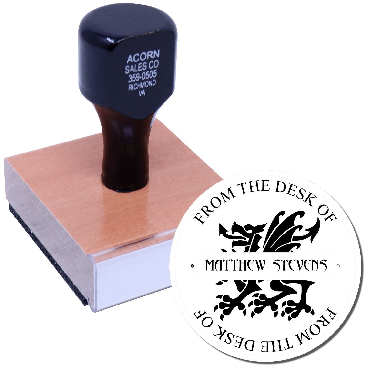 Custom rubber stamp with personalized From the Desk of Matthew Stevens design and wooden base.