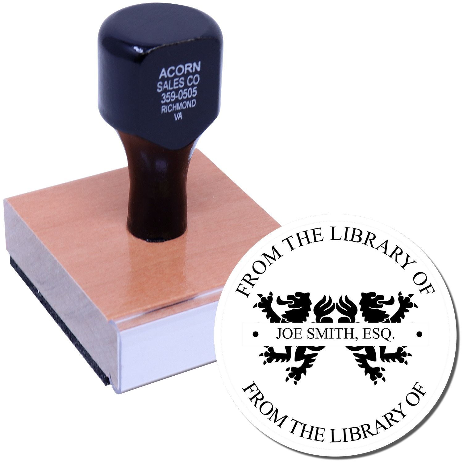 Custom rubber stamp for books featuring a personalized From the Library of Joe Smith, Esq. ownership seal imprint.