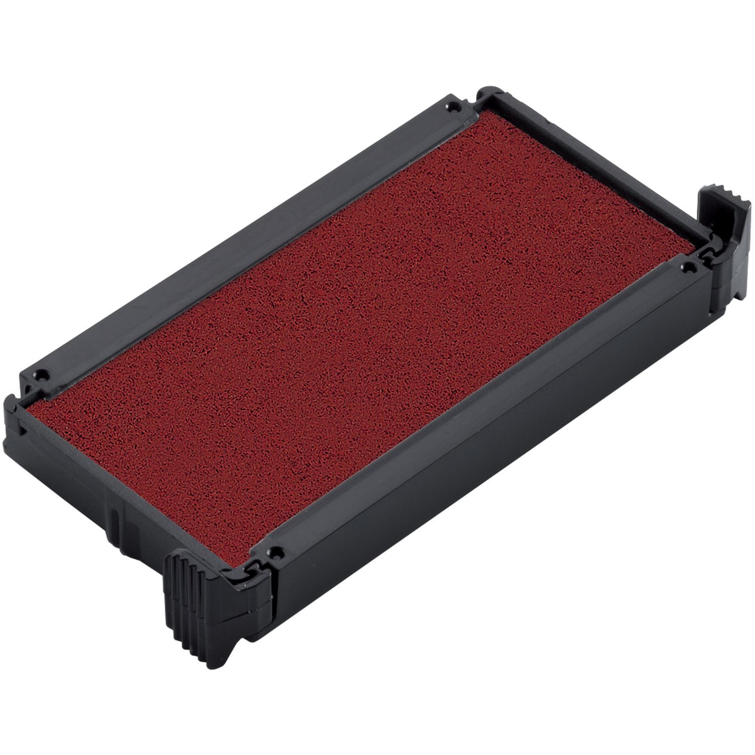 Red stamp ink pad in black plastic holder for office and crafting use
