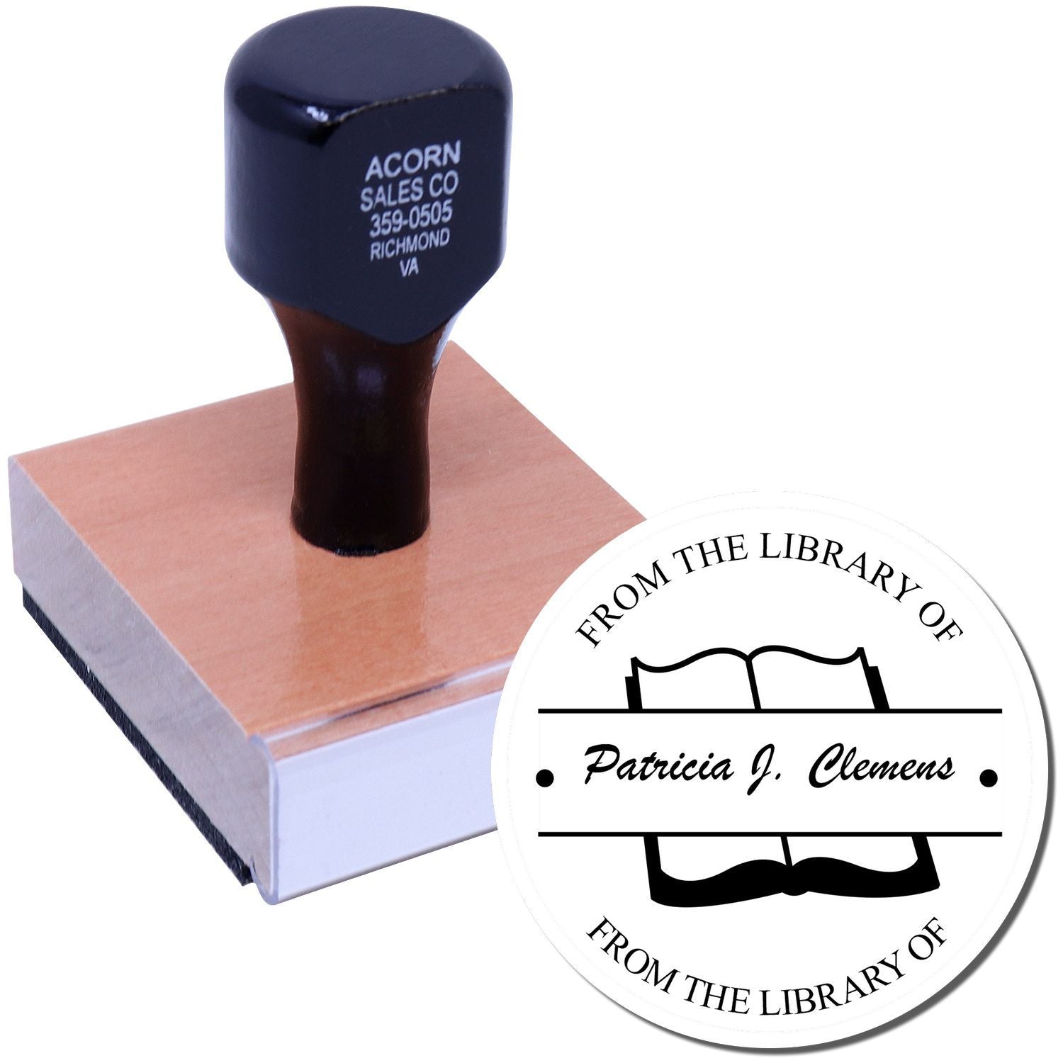 Custom rubber stamp with personalized library bookplate design for Patricia J. Clemens, ideal for marking books and collections.