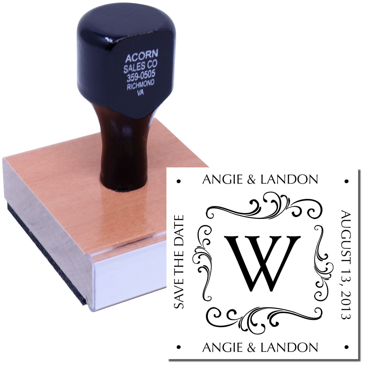 Custom monogram wedding rubber stamp with save-the-date design for Angie & Landon, August 13, 2013.