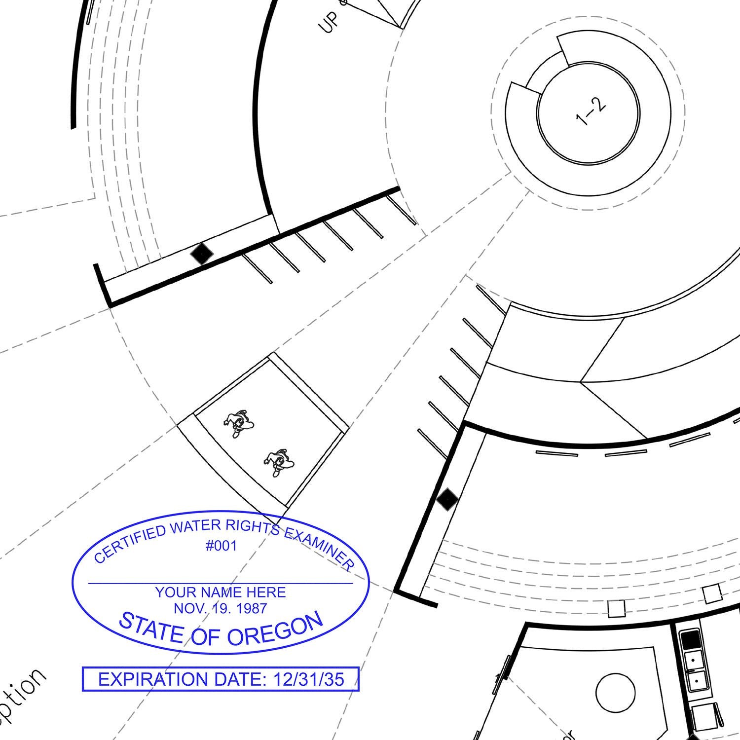 Architectural site plan blueprint with circular building layout and State of Oregon certified water rights examiner stamp.