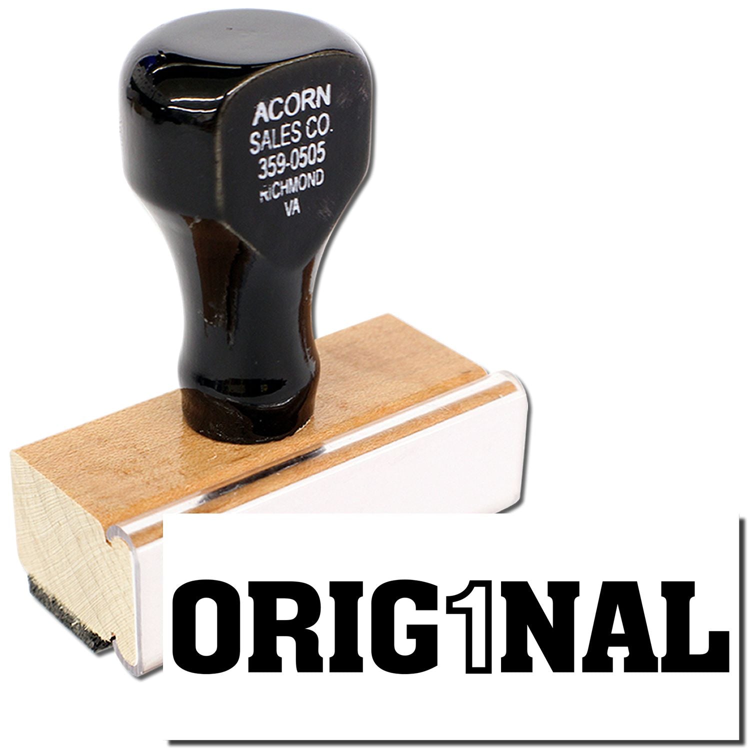 Acorn Sales Co. industrial tool: black rubber-headed mallet on wood handle, 359-0505, Richmond, VirginiaAcorn ORIGIN logo.