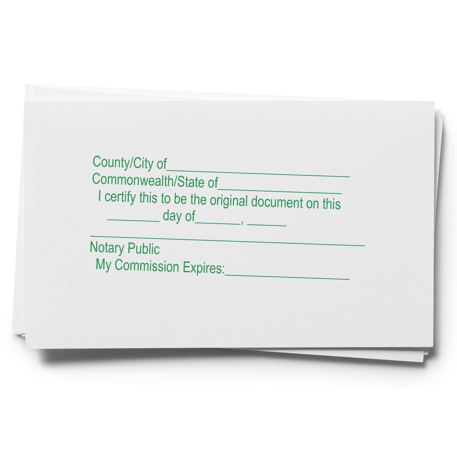 Blank notary public acknowledgment certificate template with county, state, and commission expiration lines on stacked paper cards.