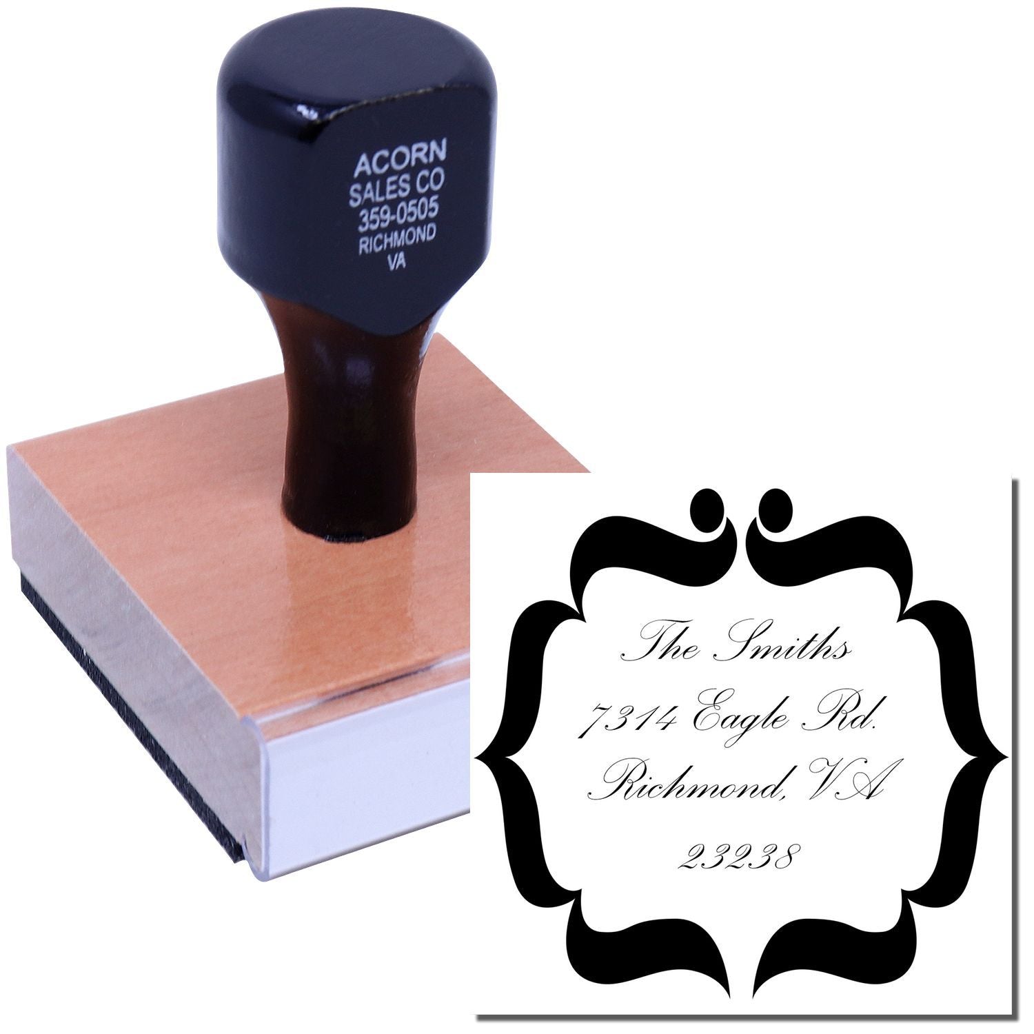 Custom rubber address stamp with personalized name and mailing address for envelopes, invitations, and business use.