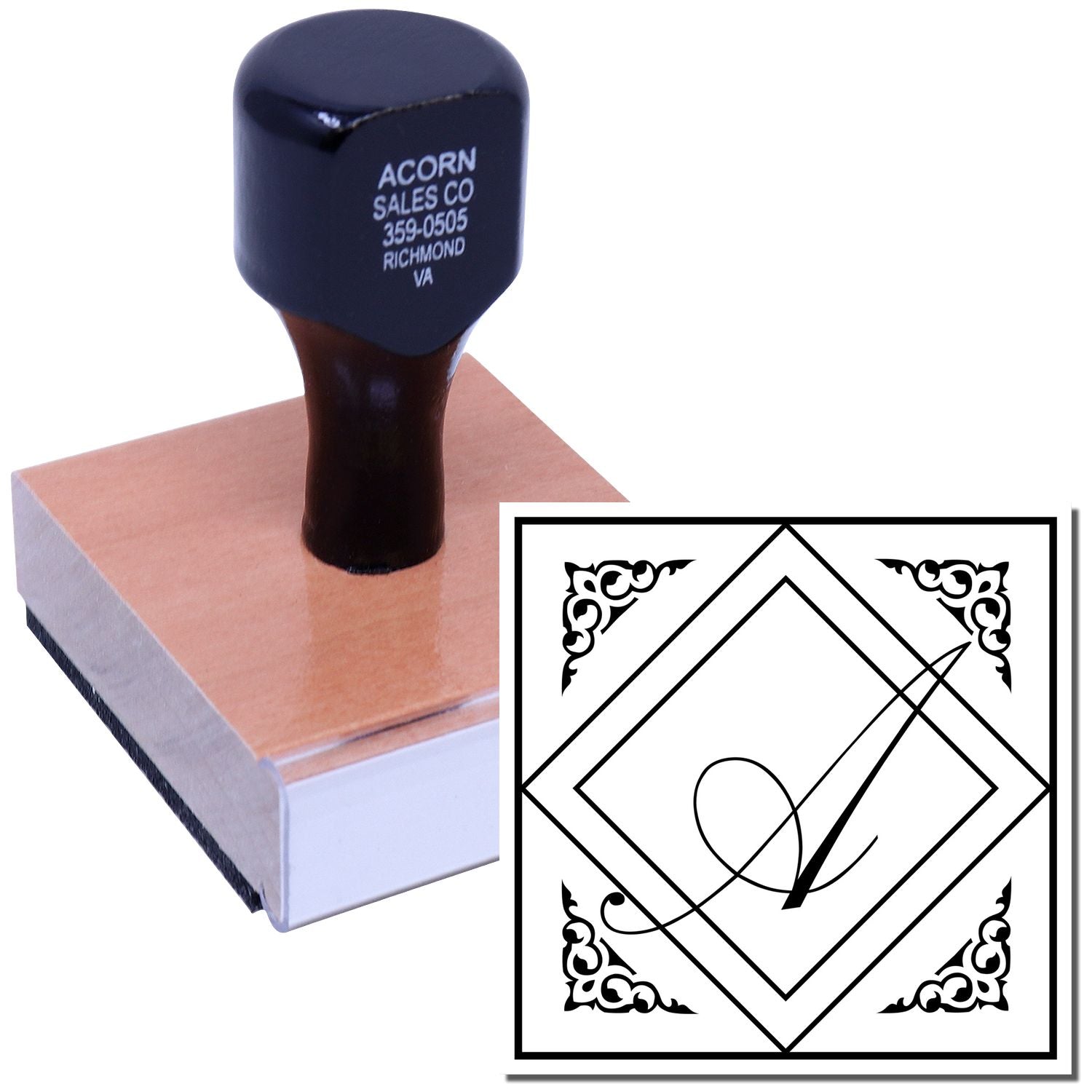 Custom decorative Q monogram rubber stamp on wooden block with sample imprint for wedding stationery or branding.