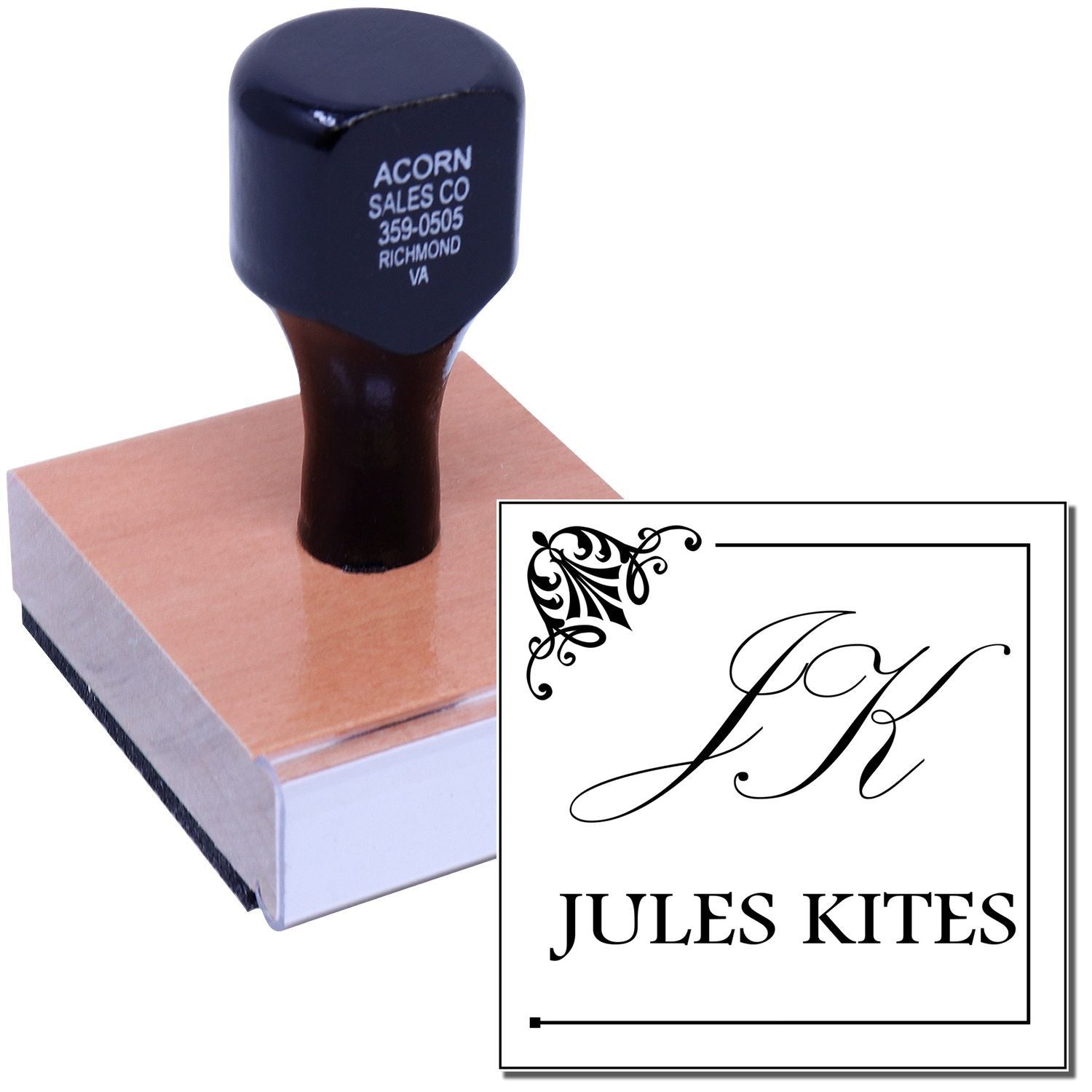 Custom rubber stamp with monogram and name design for business branding, packaging, invitations, and stationery.