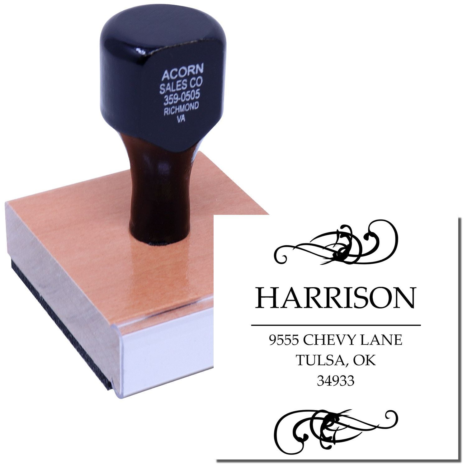 Custom address rubber stamp with decorative flourishes, showing Harrison name and Tulsa, OK imprint sample.
