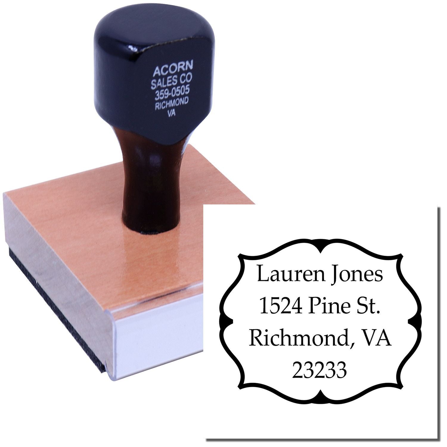 Custom address rubber stamp with name and Richmond, VA address for envelopes, mailing labels, and return address use.