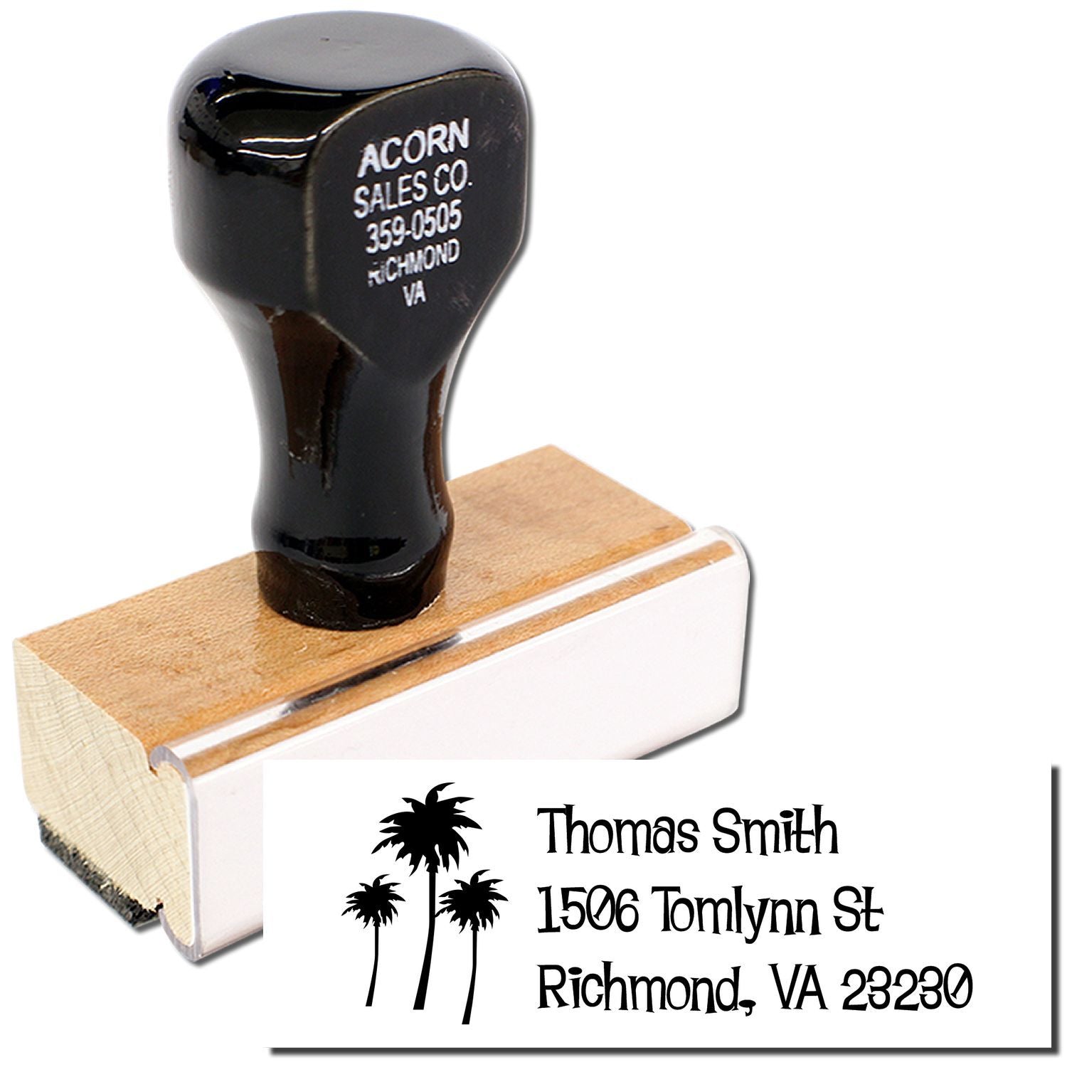 Wood handle custom address rubber stamp with palm tree design and sample imprint for Thomas Smith, Richmond, VA.