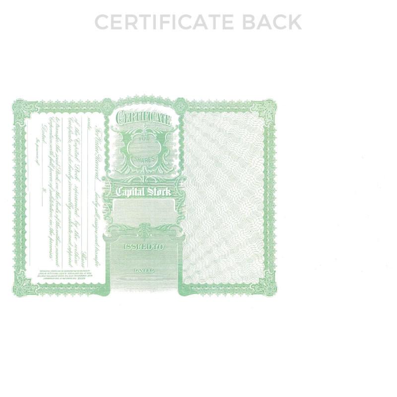 Back view of a green decorative certificate template with ornate security design and certificate text blocks for print verification.