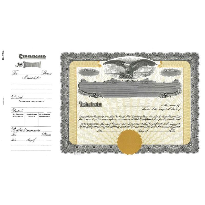 Vintage stock certificate with ornate border and eagle vignette, showing issuance details and company share transfer