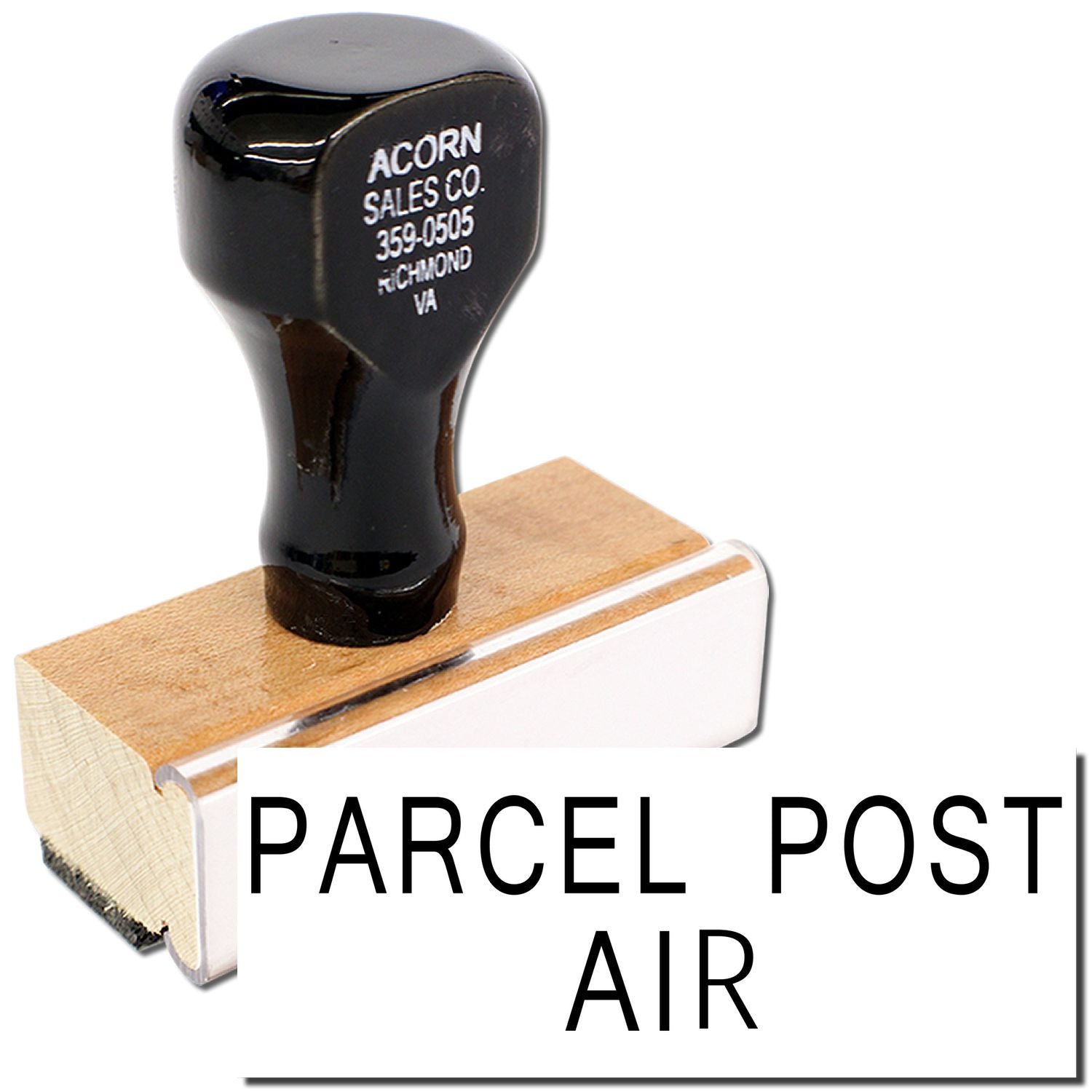 Acorn Sales Co. parcel post air shipping label on black container, used for postal mail delivery and tracking.
