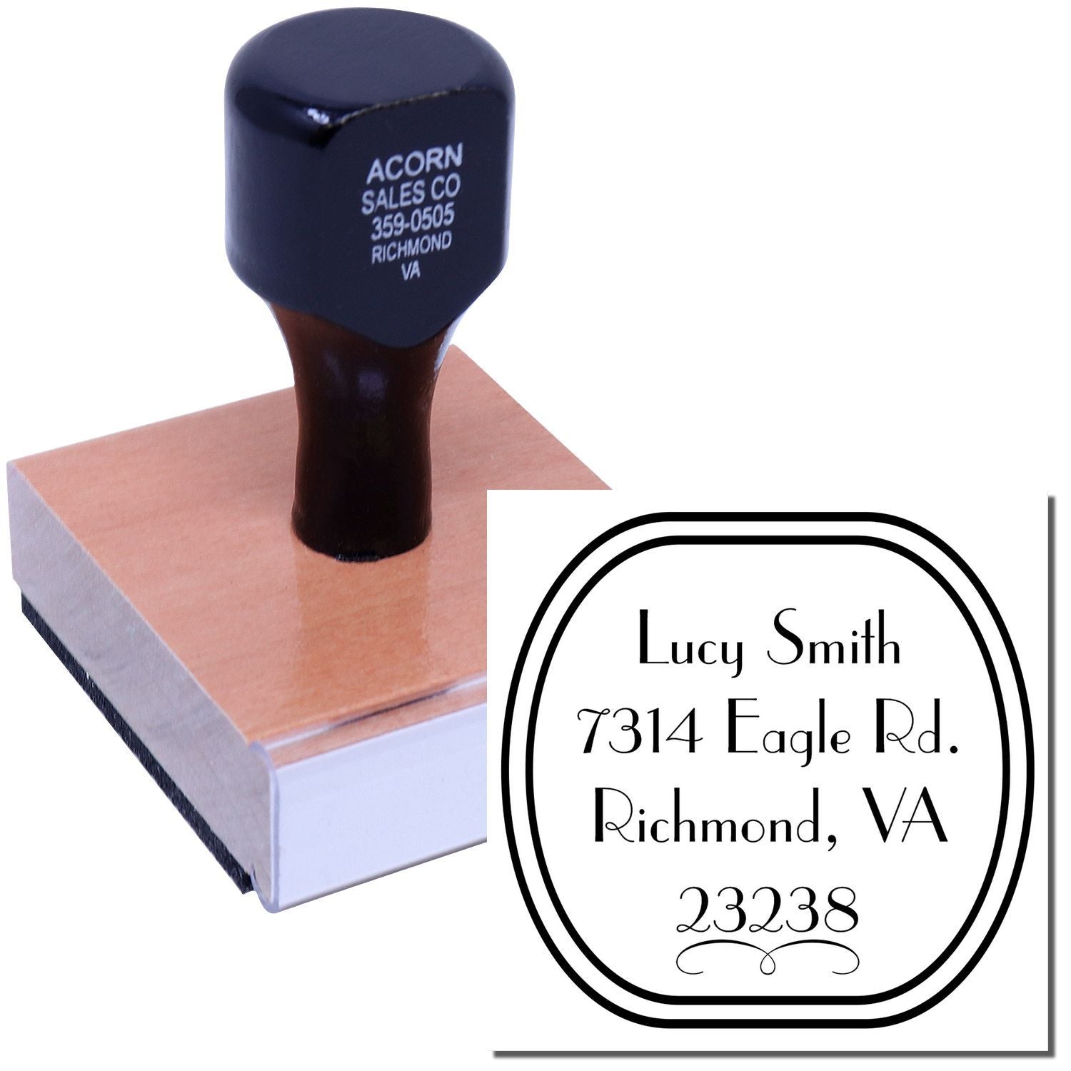 Custom rubber stamp with personalized return address imprint for envelopes, featuring name, street address, city, state and ZIP.