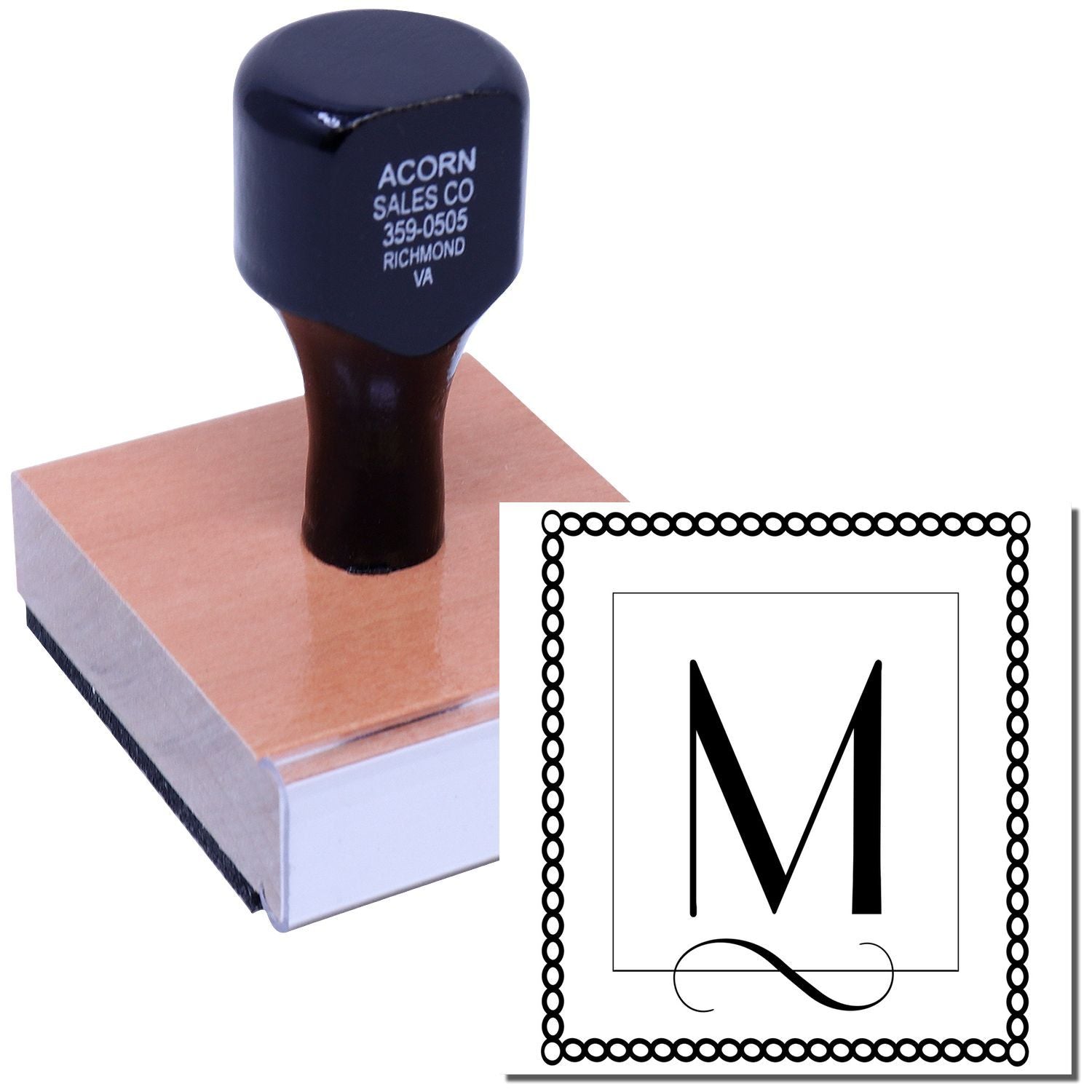 Custom monogram rubber stamp with decorative letter M, ideal for personalized stationery, branding, and business packaging.