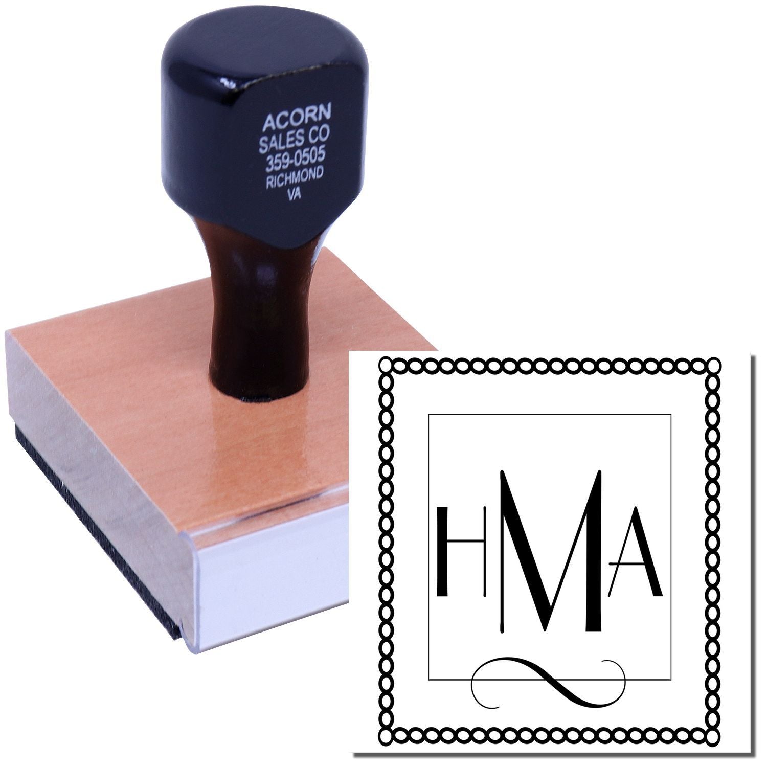 Custom rubber stamp with HMA monogram design and mounted handle for personalized business branding.
