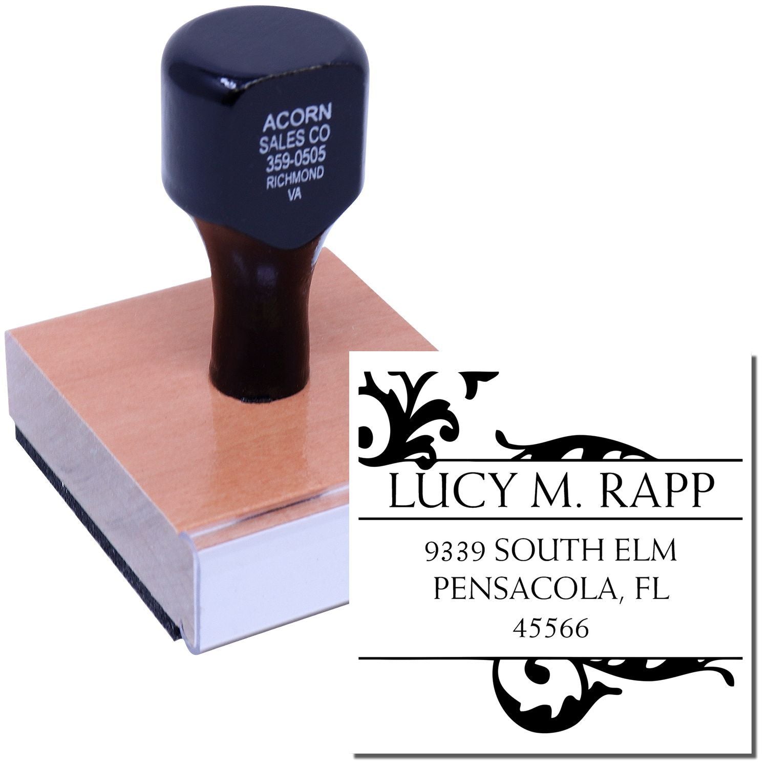 Custom rubber address stamp for return mail, featuring personalized name and address imprint on a wooden handled stamp.