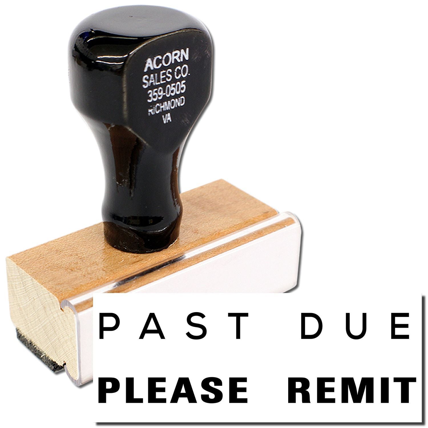 Acorn Sales Co. stamp on wooden block reading PAST DUE PLEASE REMIT, used to notify customers of overdue payments.