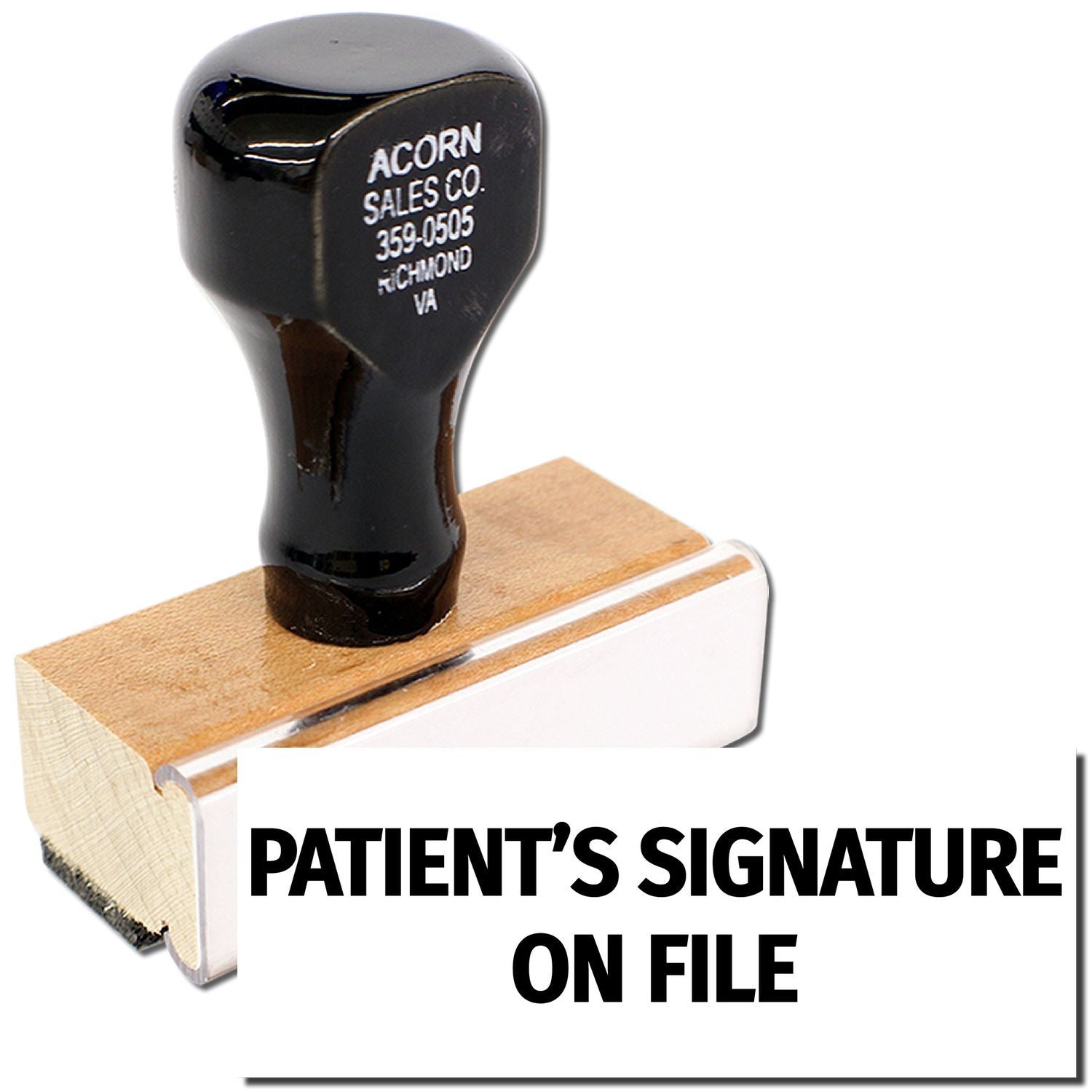 Patient signature on file graphic with Acorn Sales Co. stamp, for medical consent record verification
