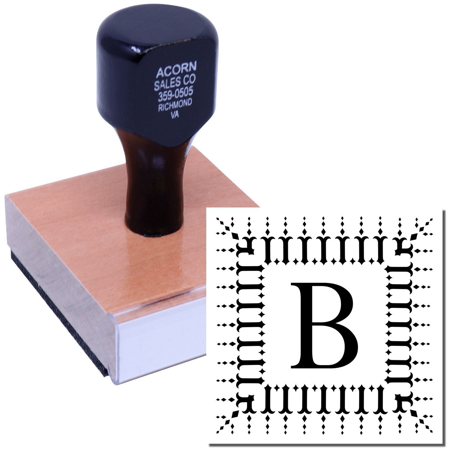 Custom monogram rubber stamp with letter B and decorative border for stationery, branding, and personalized paper crafts
