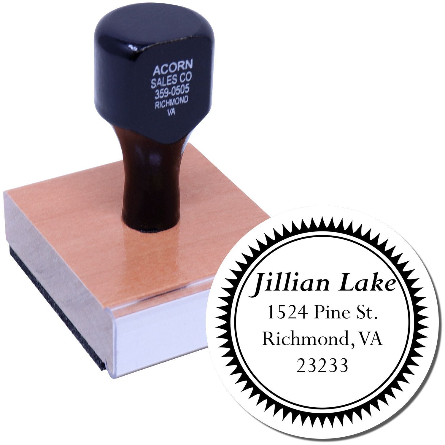 Custom rubber address stamp with self-inking handle and round name-and-address design for business or personal mailing.