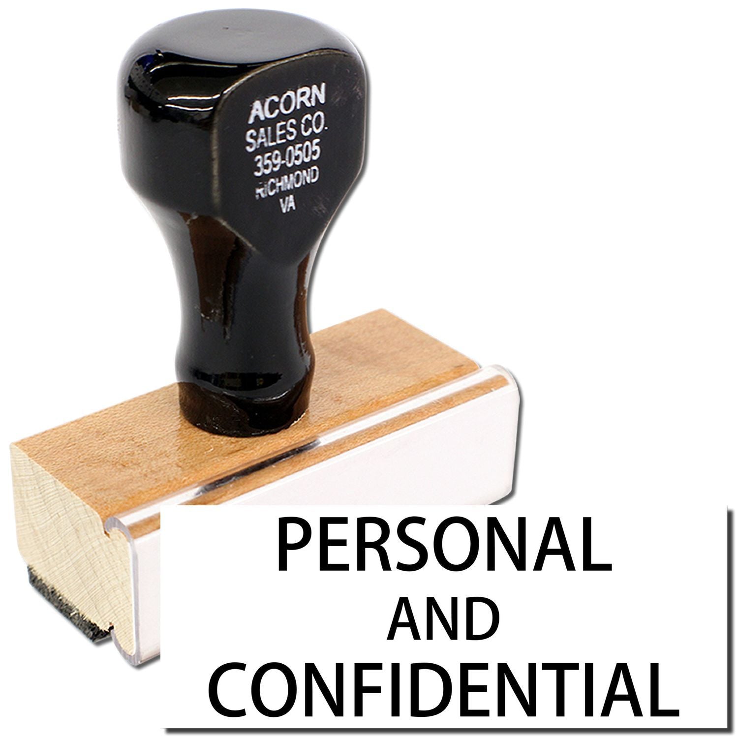 Black rubber stamp for Acorn Sales Co. marking documents Personal and Confidential, ideal for confidential shipping paperwork.