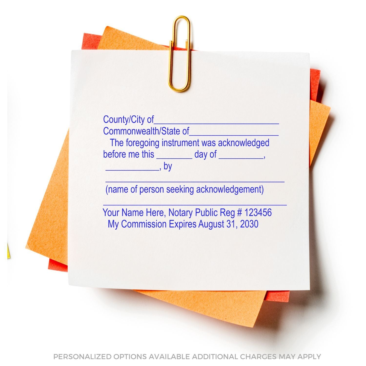 Notary public acknowledgment form clipped to colorful sticky notes, legal document template with personalized options.
