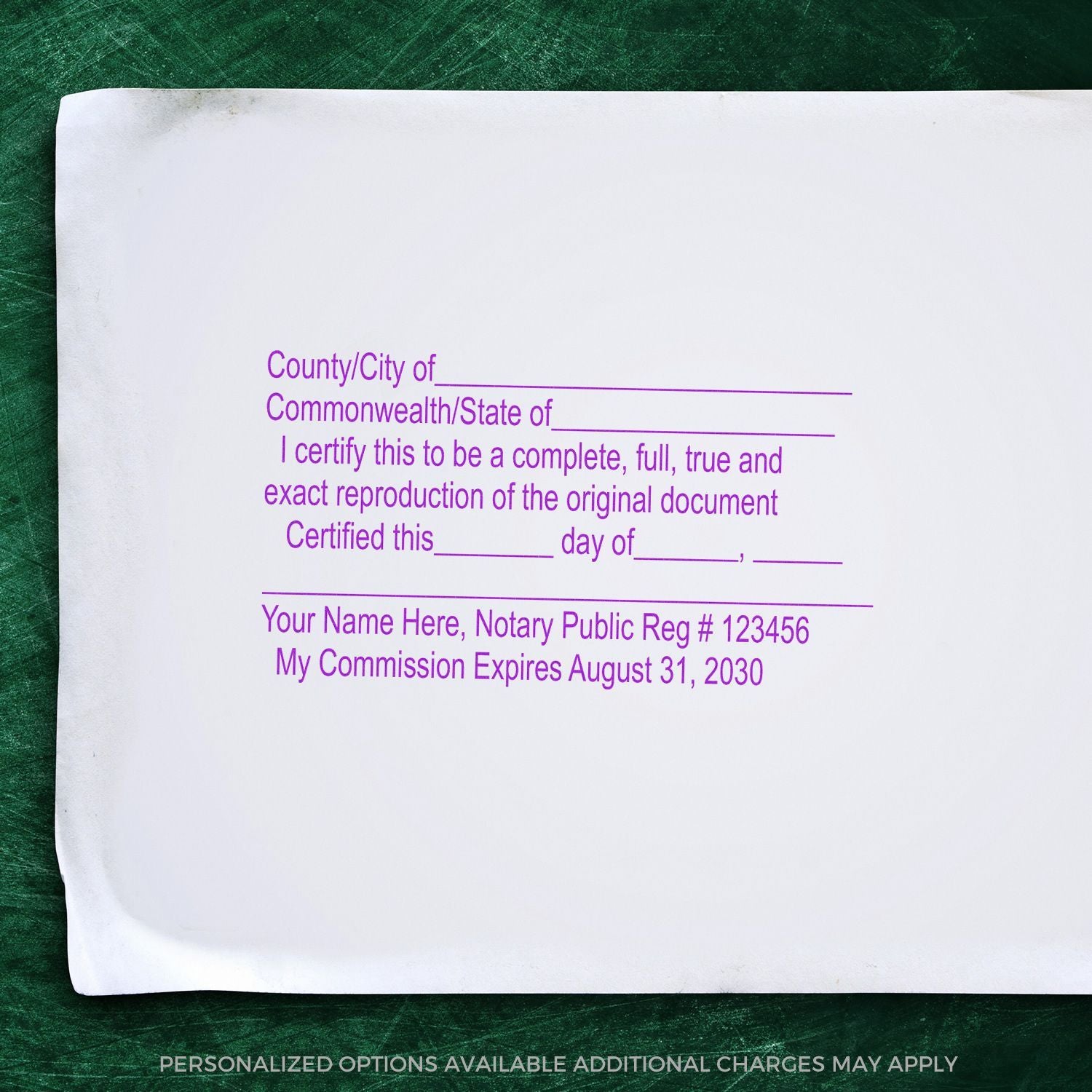 Blank notary public certificate template with copy certification text and signature lines on white paper background