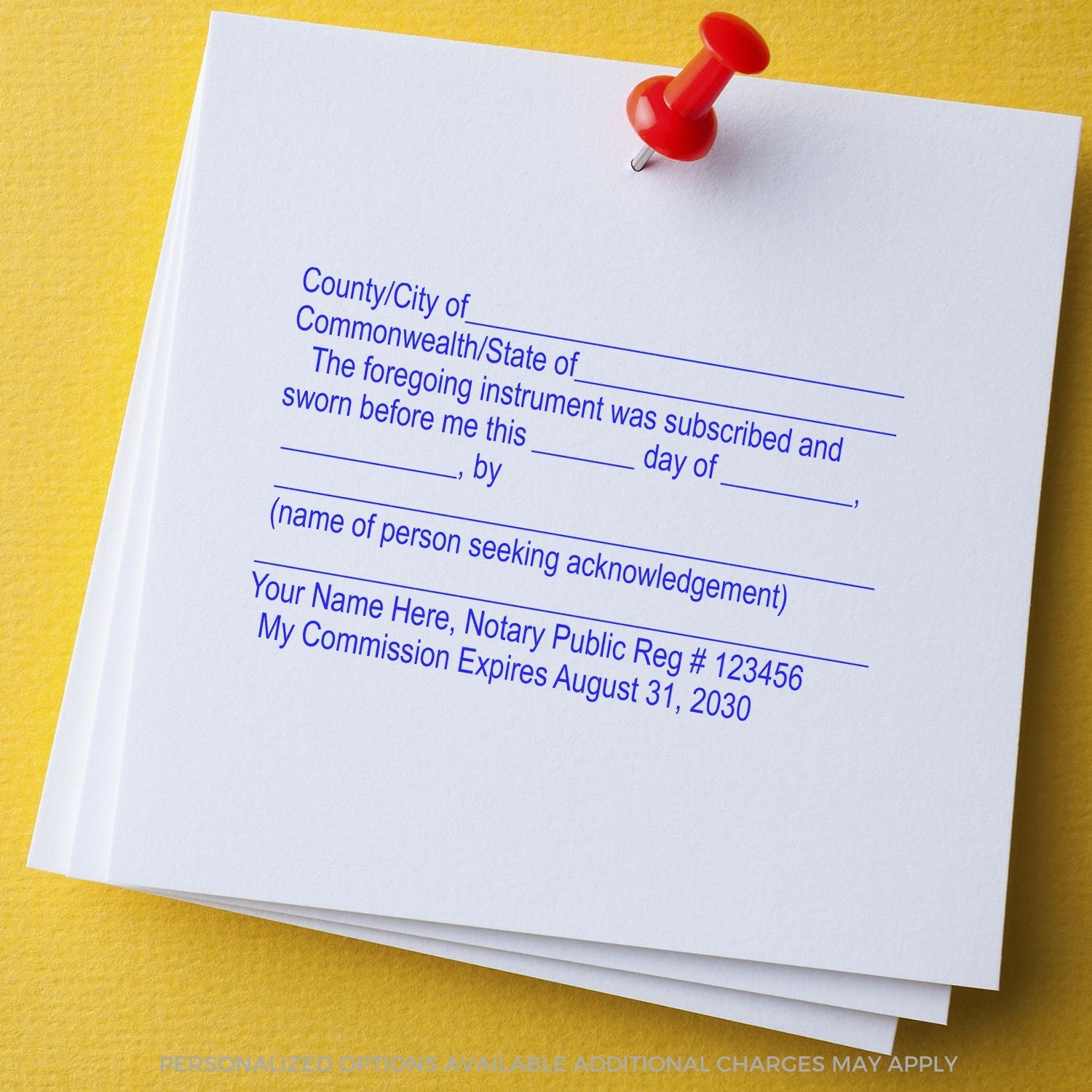 Notary public acknowledgment form with red pushpin on stacked legal documents over a yellow background.