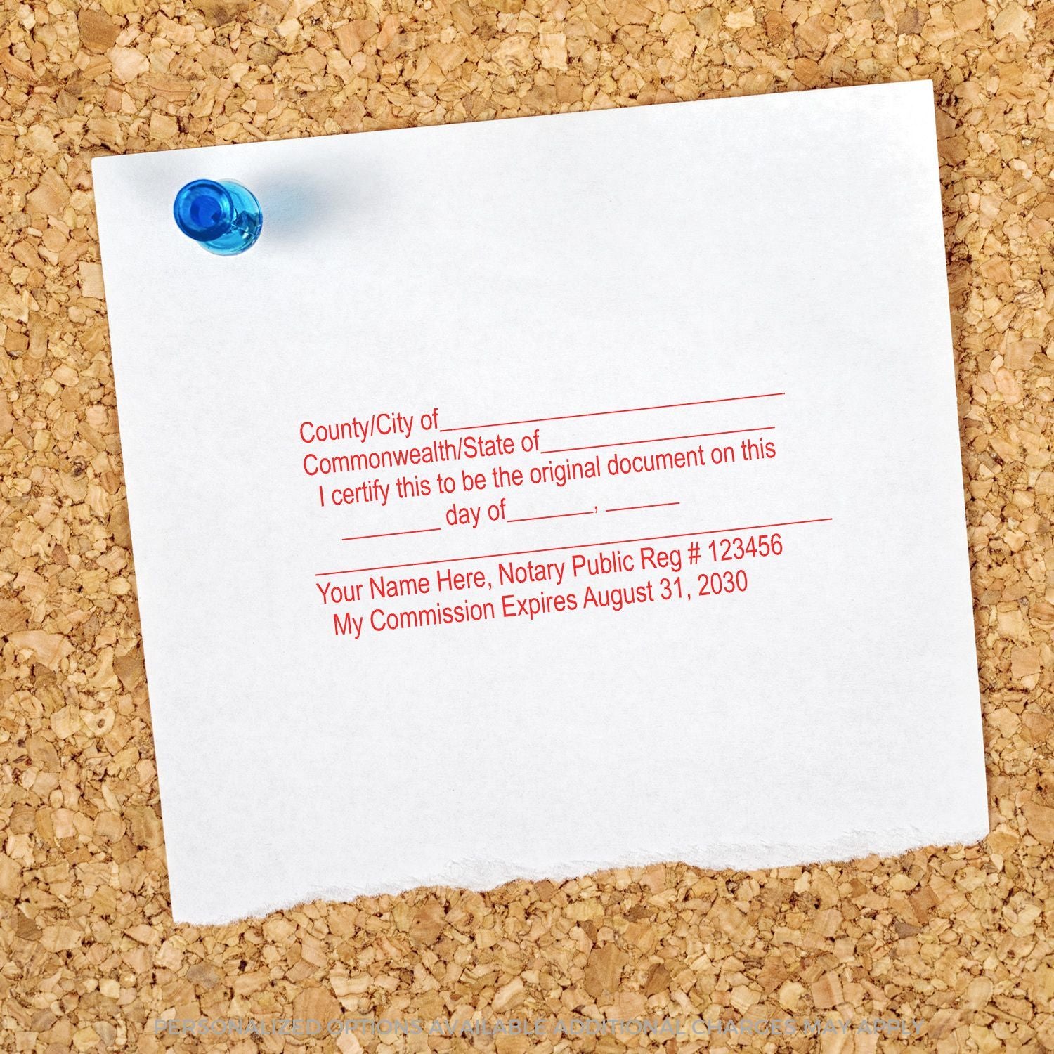 Blank notary public certificate template pinned to corkboard with blue pushpin and red seal text for official document authentication.
