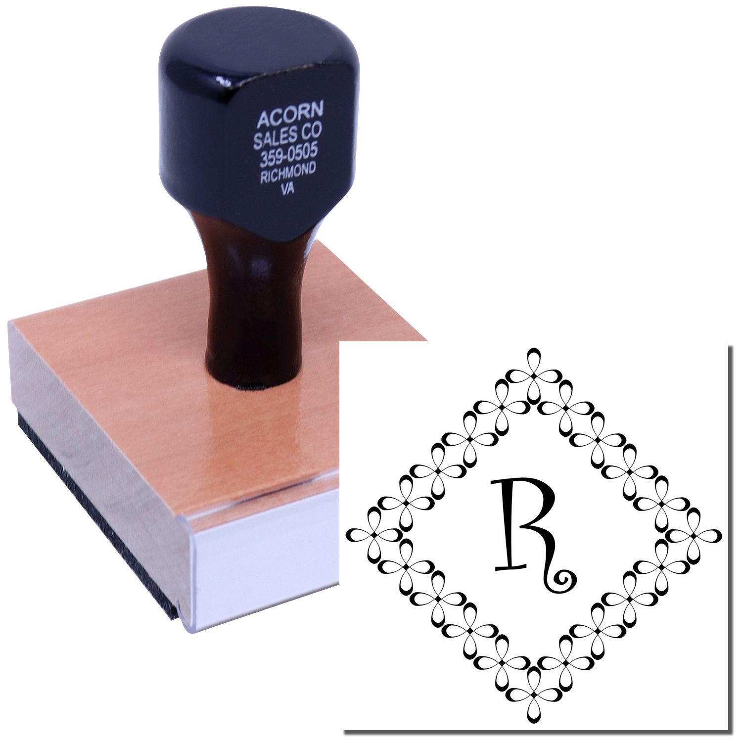 Custom monogram rubber stamp with ornate border, ideal for personalized branding, stationery, and craft projects.