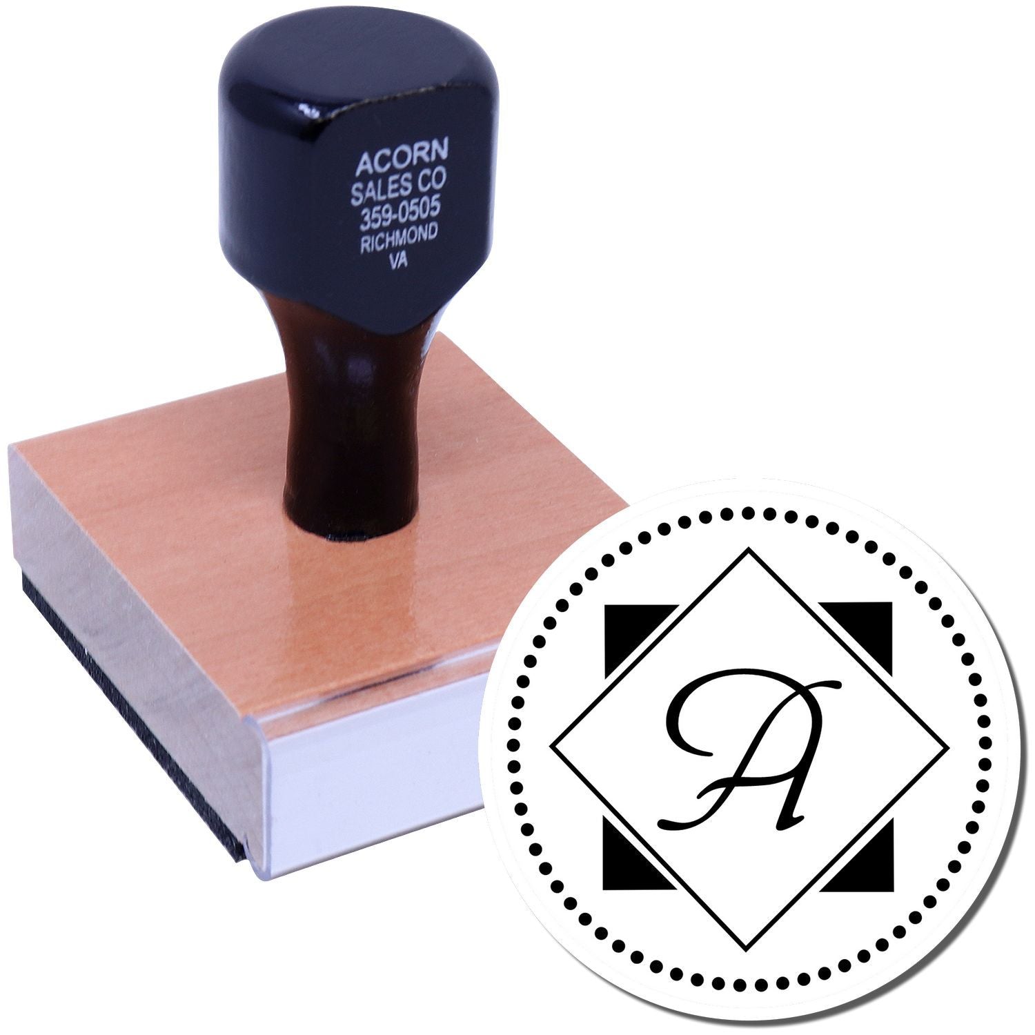 Personalized rubber stamp with monogram A design and wooden handle, perfect for custom branding, stationery, and crafts.