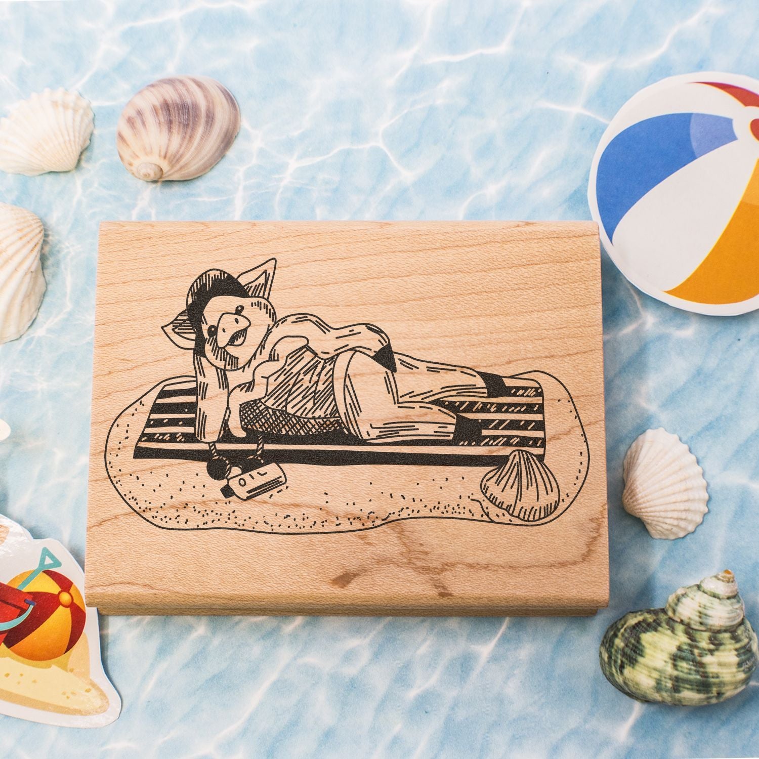 Beach-themed wooden cat stamp surrounded by seashells and a colorful beach ball on a blue water background