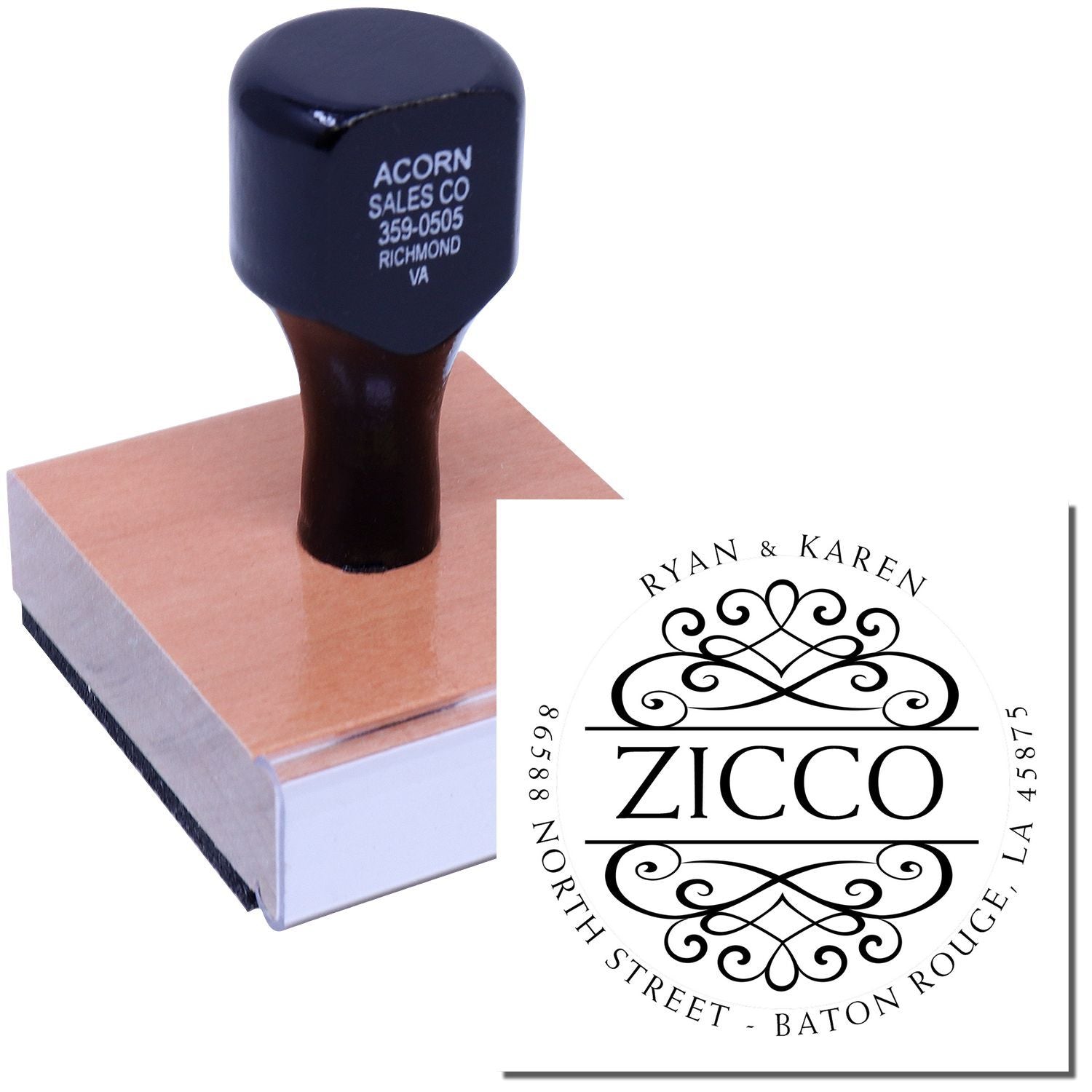 Custom rubber stamp with ornate monogram and address design for wedding invitations, stationery, and branding.