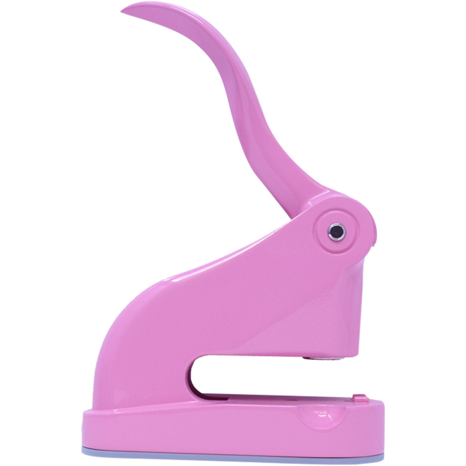 Pink plastic manual hole punch tool isolated on a white background.