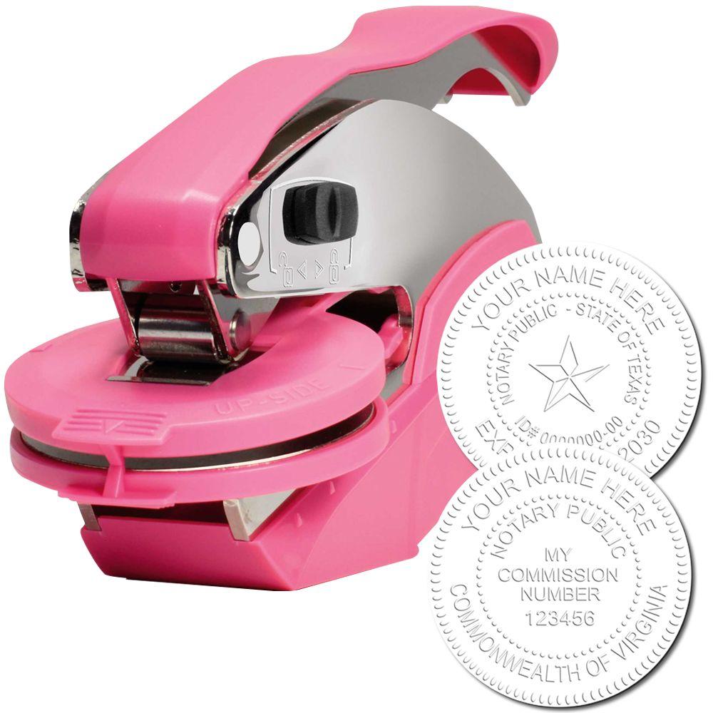 Pink notary embosser stamp with custom state seal impressions for official document authentication.