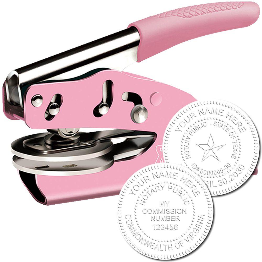 Pink notary seal embosser stamp with custom embossed impressions and ergonomic handle