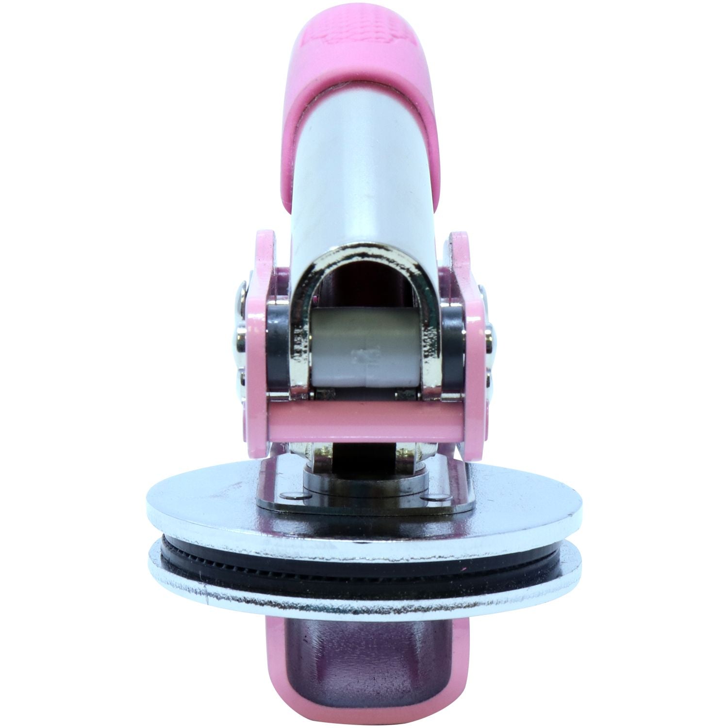 Close-up of a pink and blue roller skate wheel assembly on a white background.