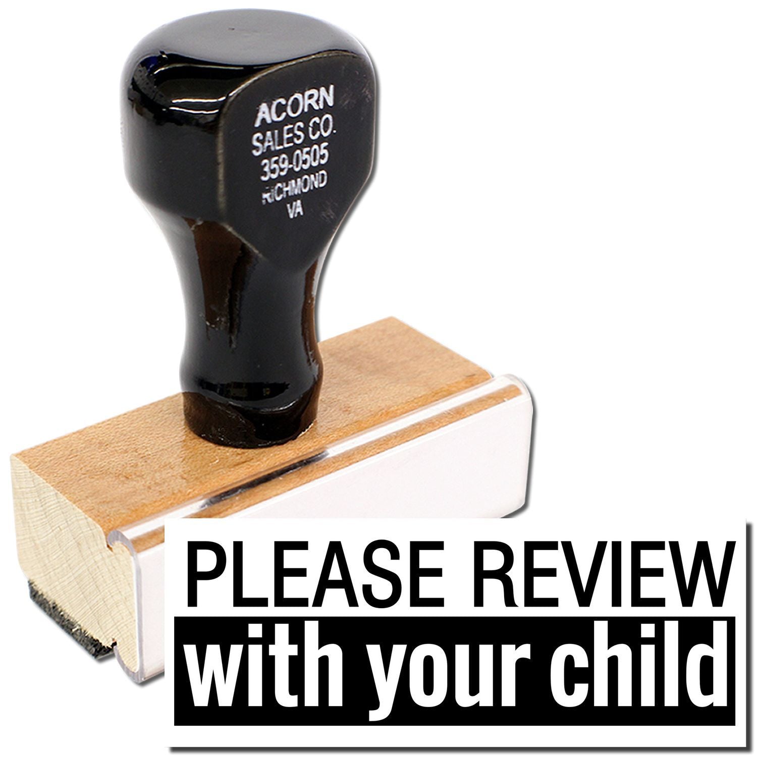 Acorn Sales Co. 359-0505 product part on wooden block with Please review with your child safety message.
