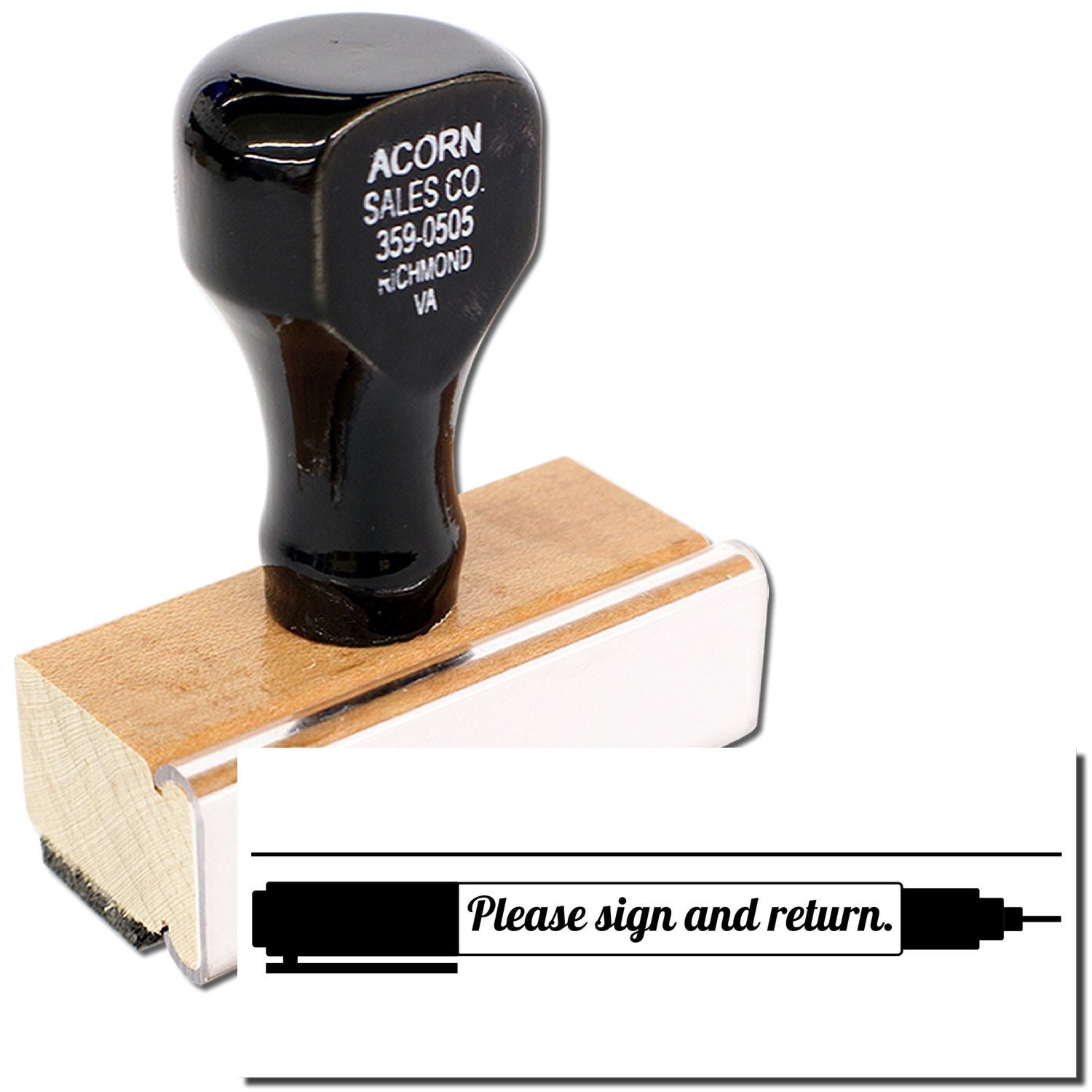 Black self-inking rubber stamp with Please sign and return text on white background