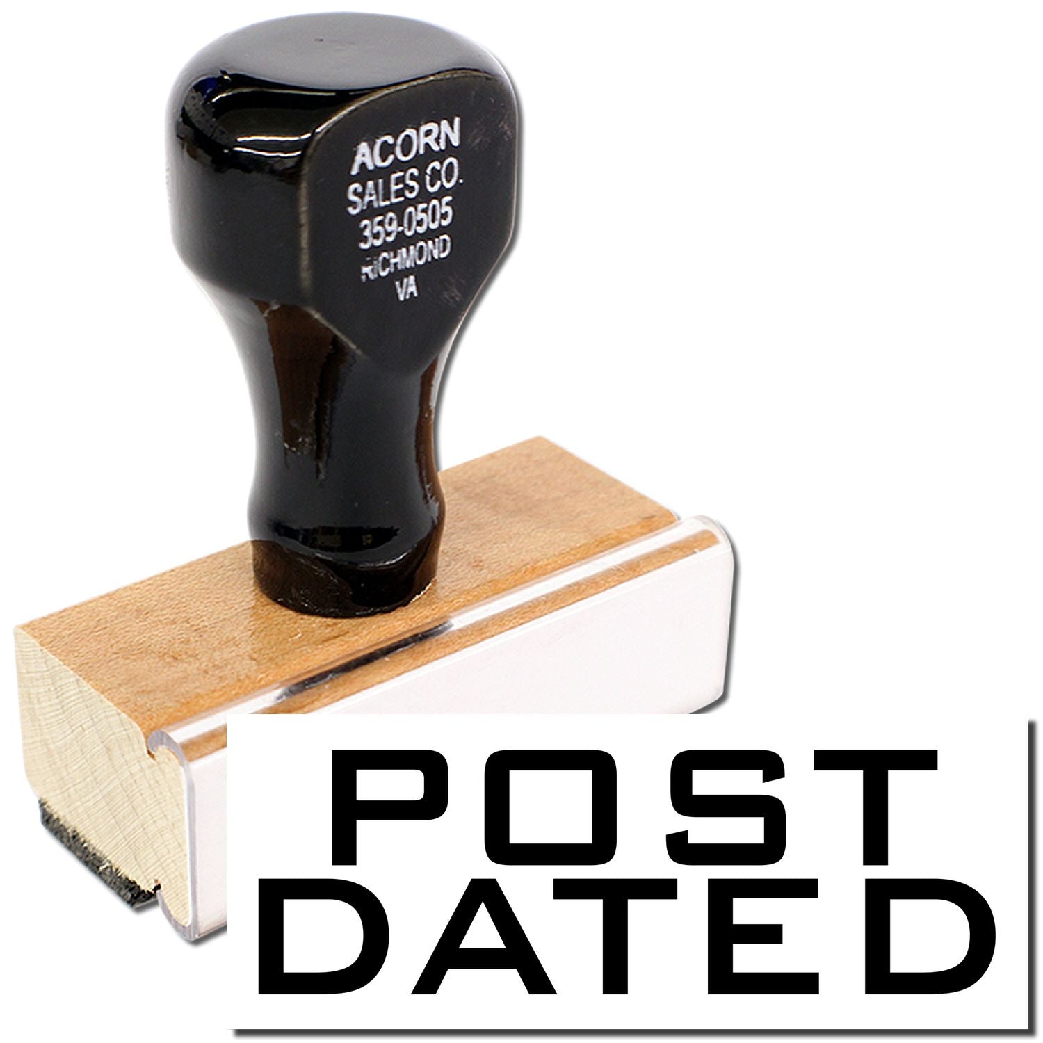 Acorn Sales Co Post Dated rubber stamp on wooden block, marked 359-0505, Richmond, VA for document processing and mailing