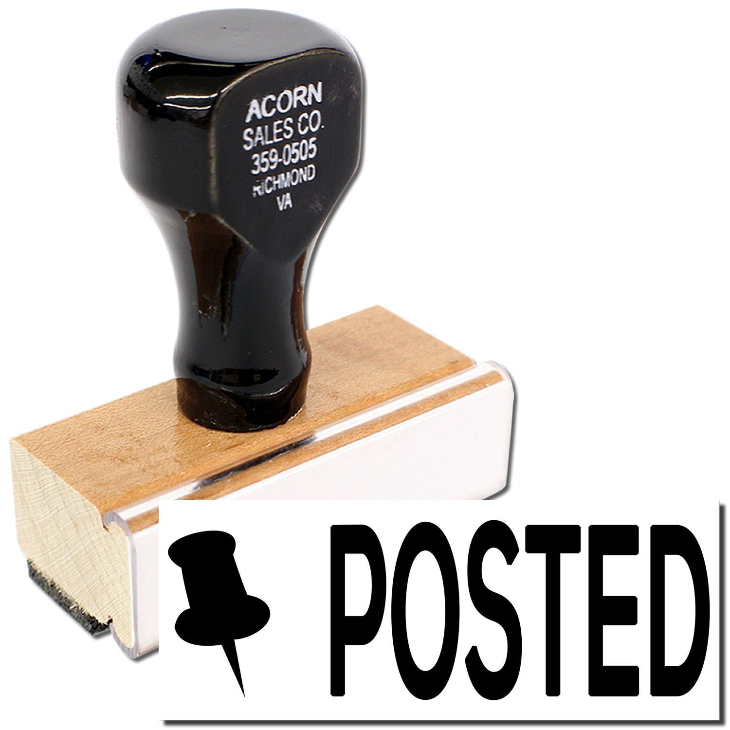 Black push pin on wooden base with Acorn Sales Co. label; graphic text POSTED indicates posted notice.