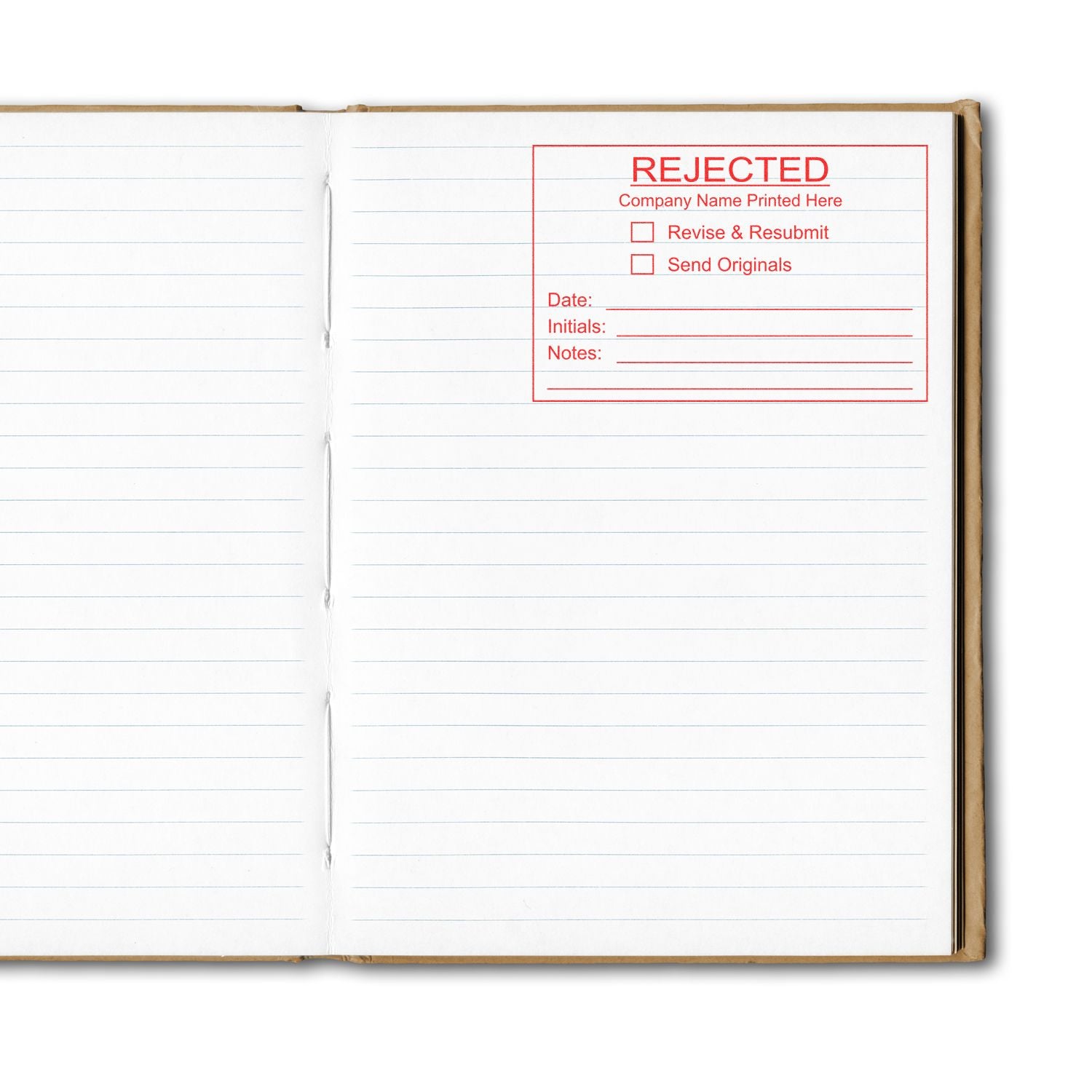 Open notebook page with red rejected stamp, revision checklist, and date notes section for document approval status.