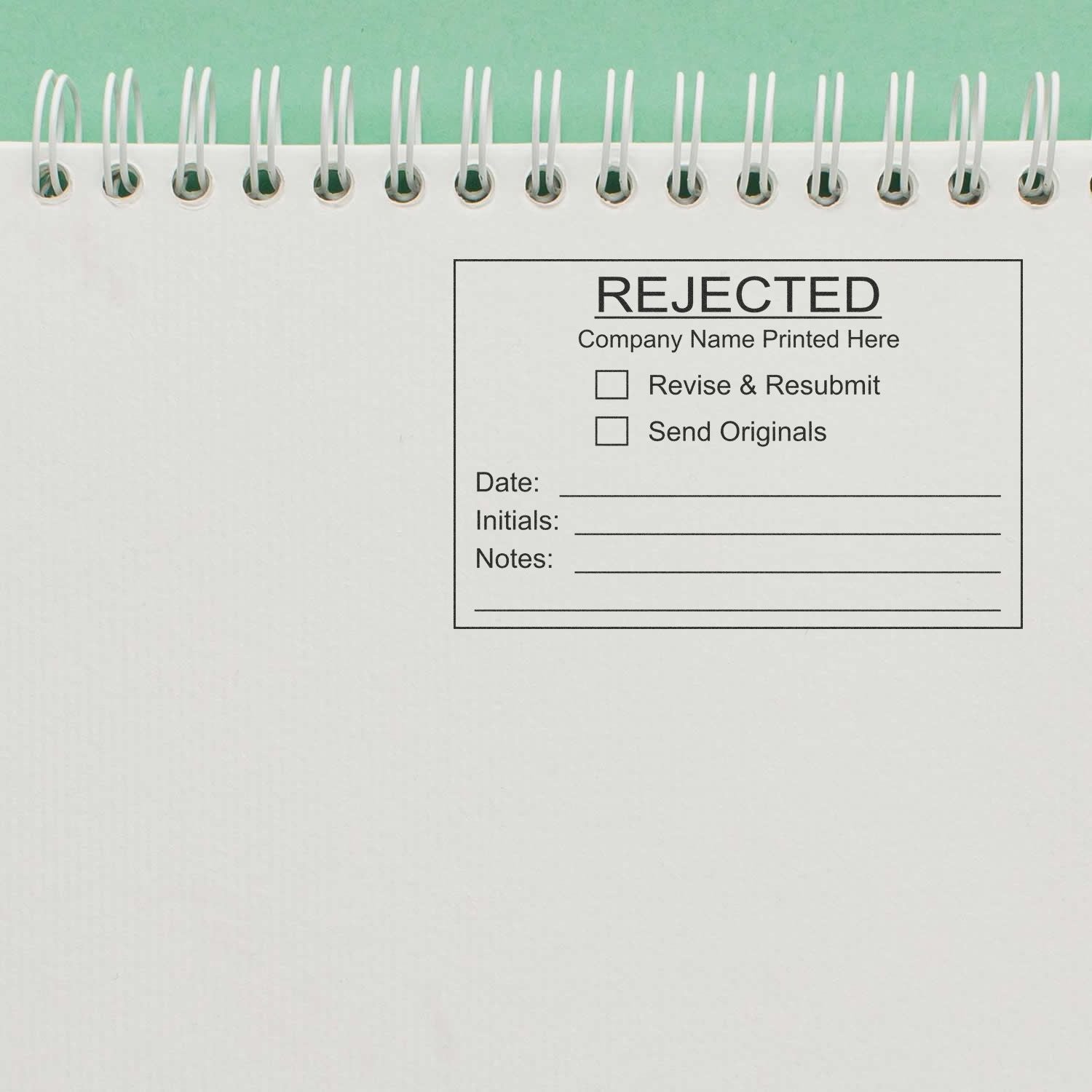 Spiral notebook page with REJECTED stamp, document review form, and revise and resubmit checklist for business approval.