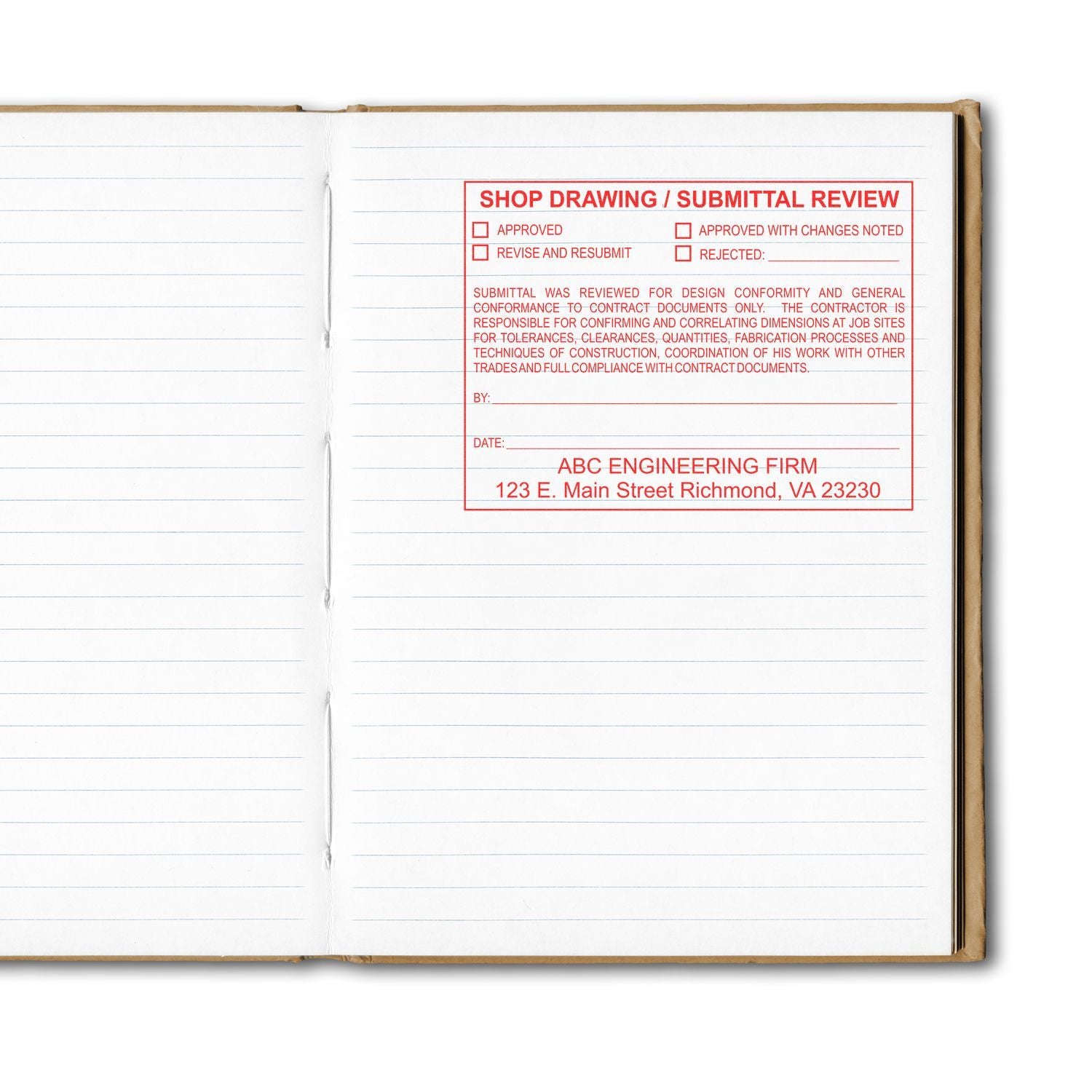 Open notebook page with red shop drawing submittal review approval stamp for engineering firm documents