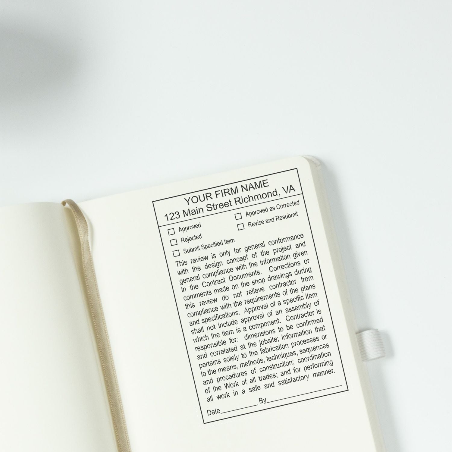 Open notebook with custom approval stamp and review checklist on blank page, office stationery mockup.